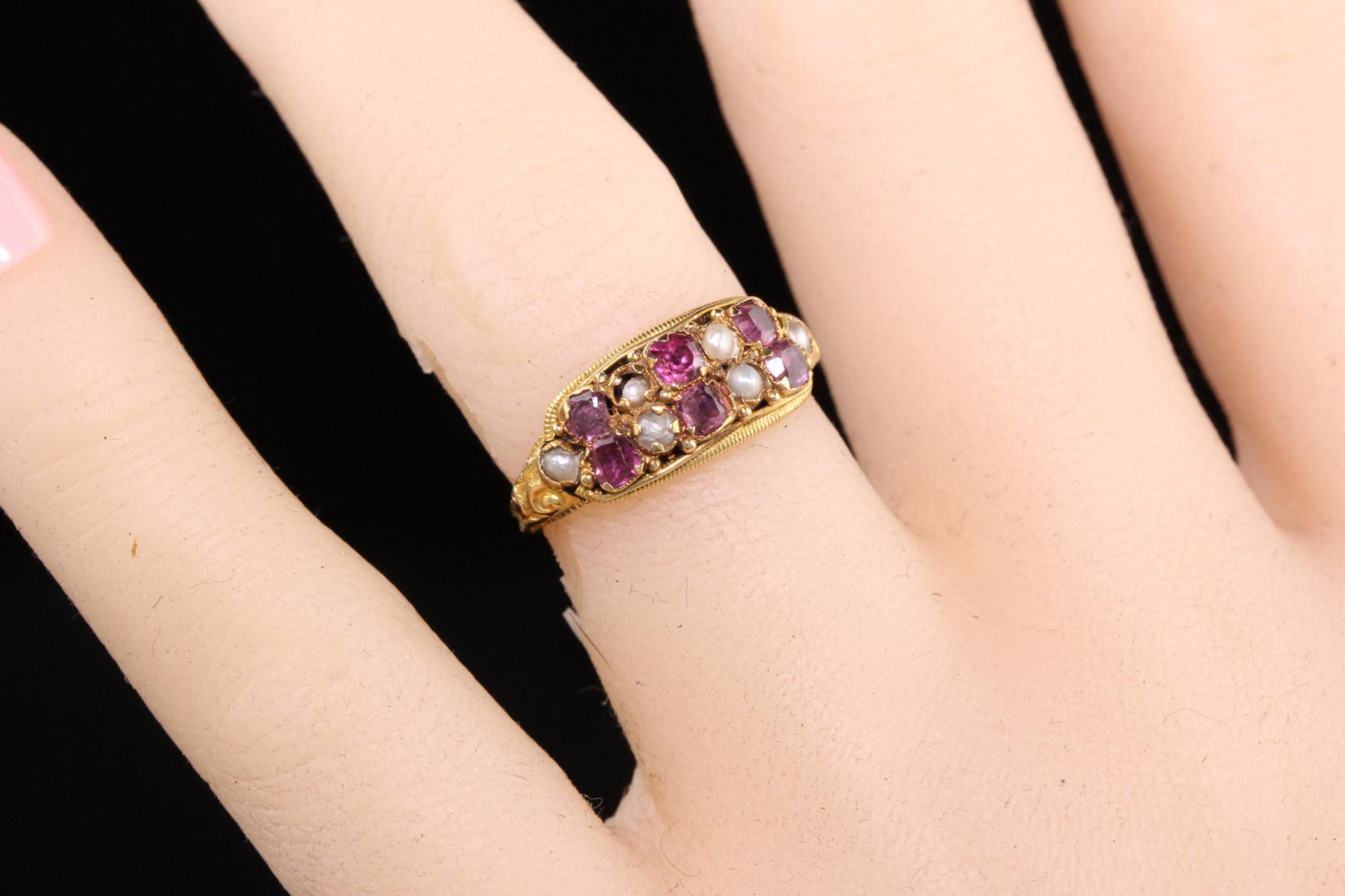 Women's Antique Victorian 14K Yellow Gold English Garnet and Pearl Ring For Sale