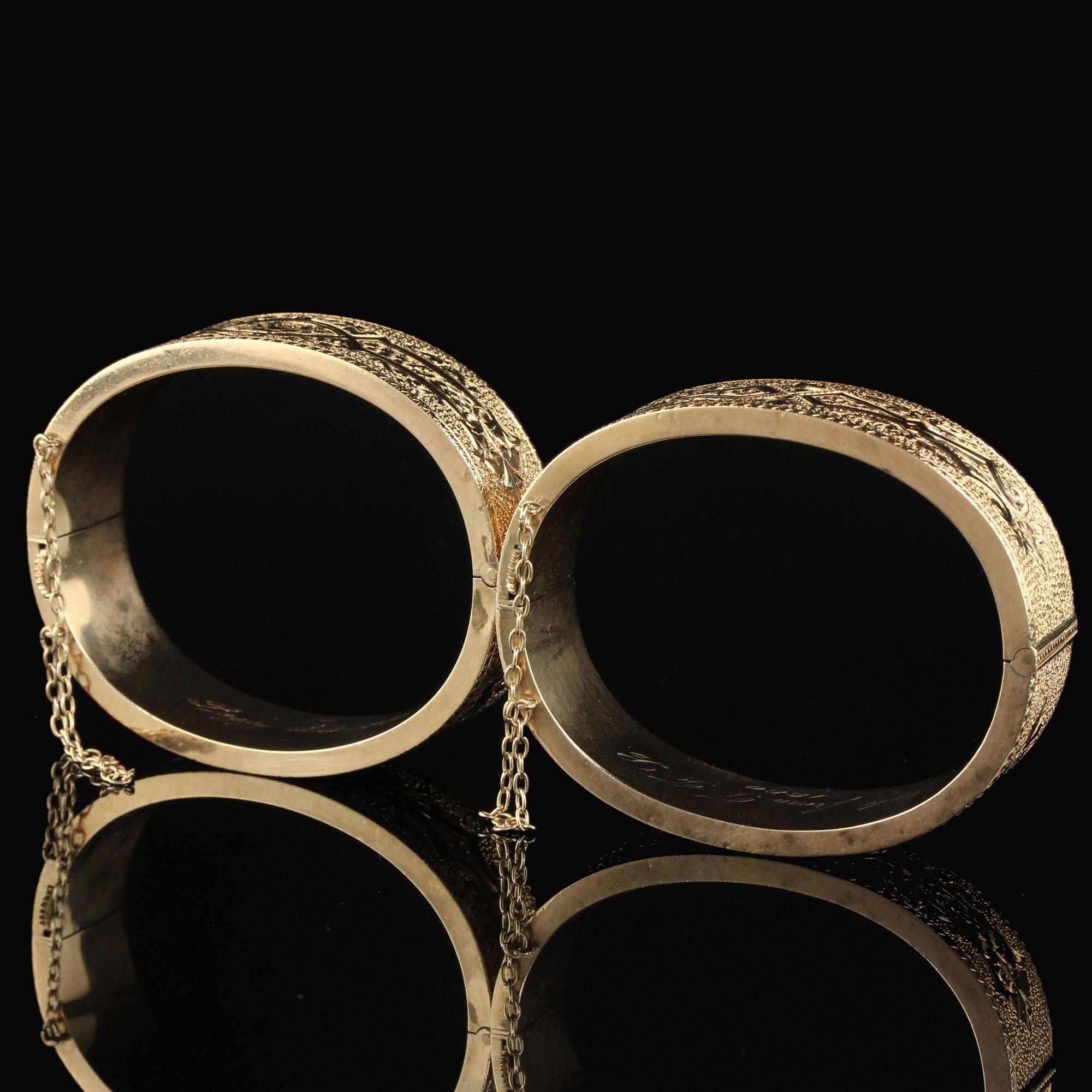 Antiker viktorianischer 14K Gelbgold gravierter breiter Armreif-Set 4