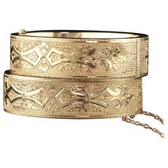 Antique Victorian 14K Yellow Gold Engraved Wide Bangle Bracelet Set