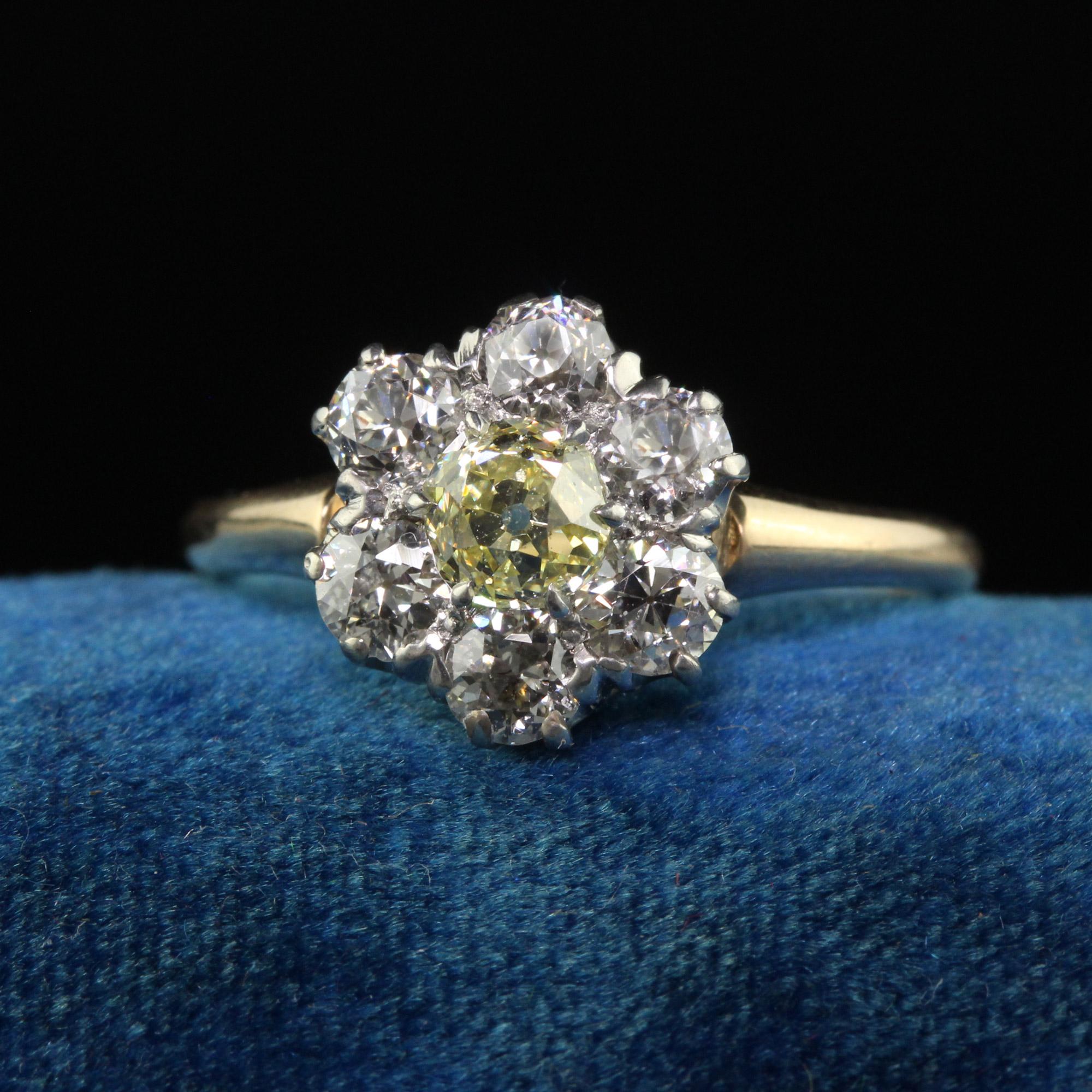 Beautiful Antique Victorian 14K Yellow Gold Fancy Yellow Old Mine Diamond Engagement Ring - GIA. This gorgeous engagement ring is crafted in 14k yellow gold and silver top. The center holds a fancy yellow old mine cut diamond that has a GIA report.