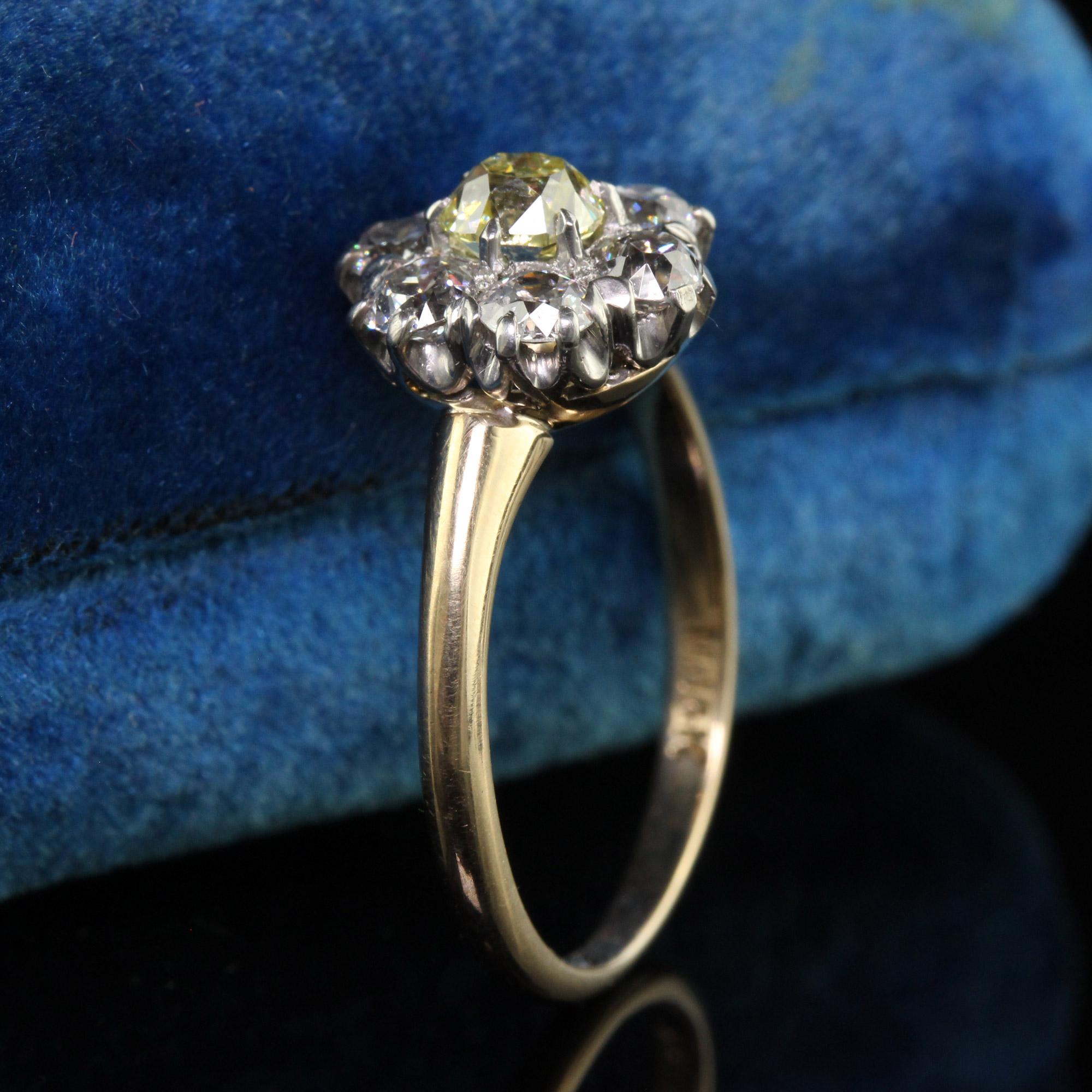 Old Mine Cut Antique Victorian 14K Yellow Gold Fancy Yellow Old Mine Diamond Engagement Ring 