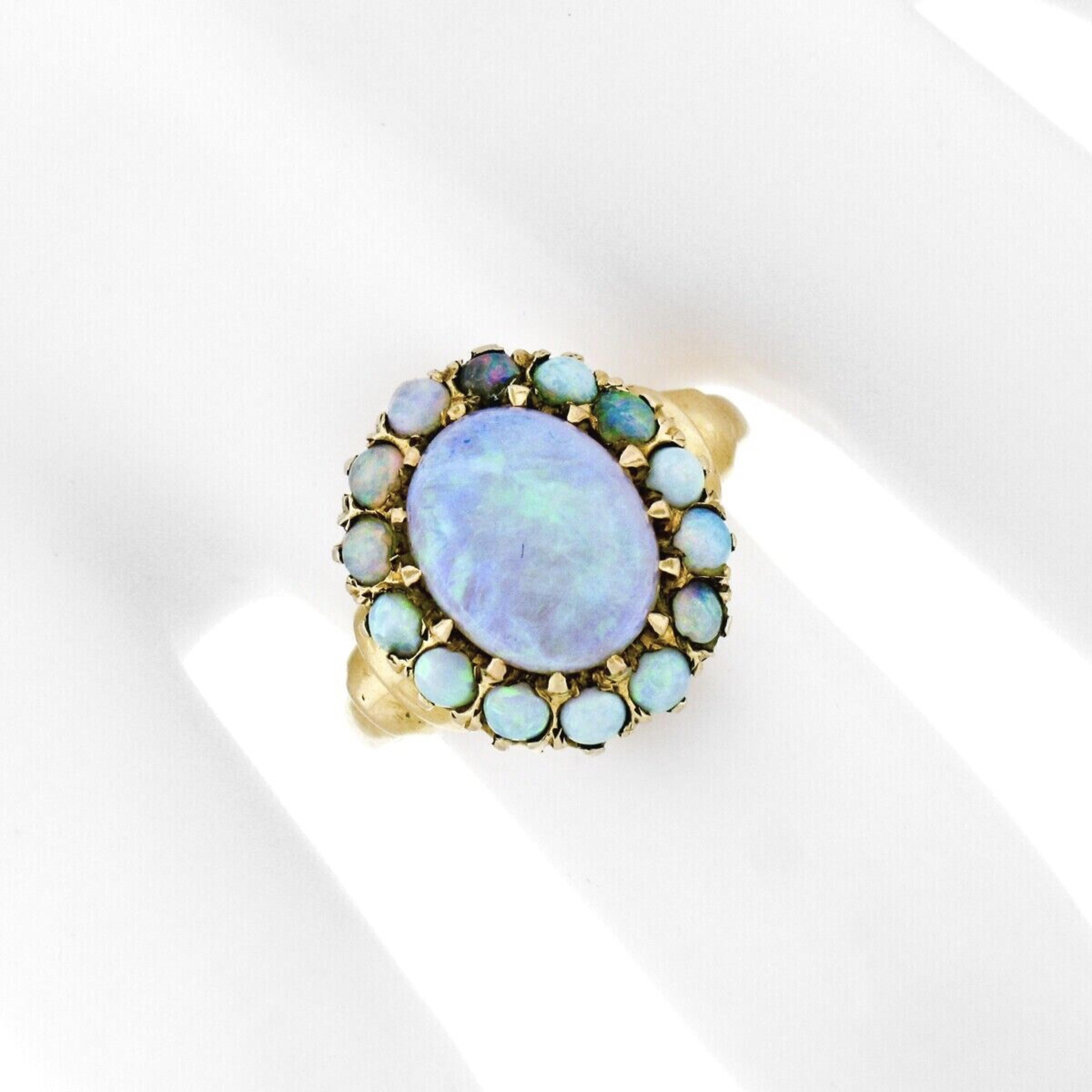 Antique Victorian 14K Yellow Gold Fine Oval Cabochon Opal Solitaire & Halo Ring In Good Condition In Montclair, NJ
