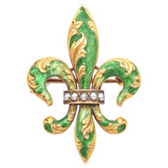 Antique Victorian 14k Yellow Gold Fleur-De-Lis Green Guilloché Enamel Brooch