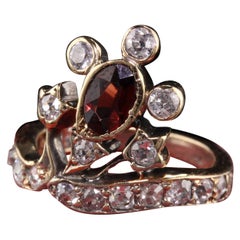 Antique Victorian 14K Yellow Gold Garnet and Old Mine Cut Diamond Ring