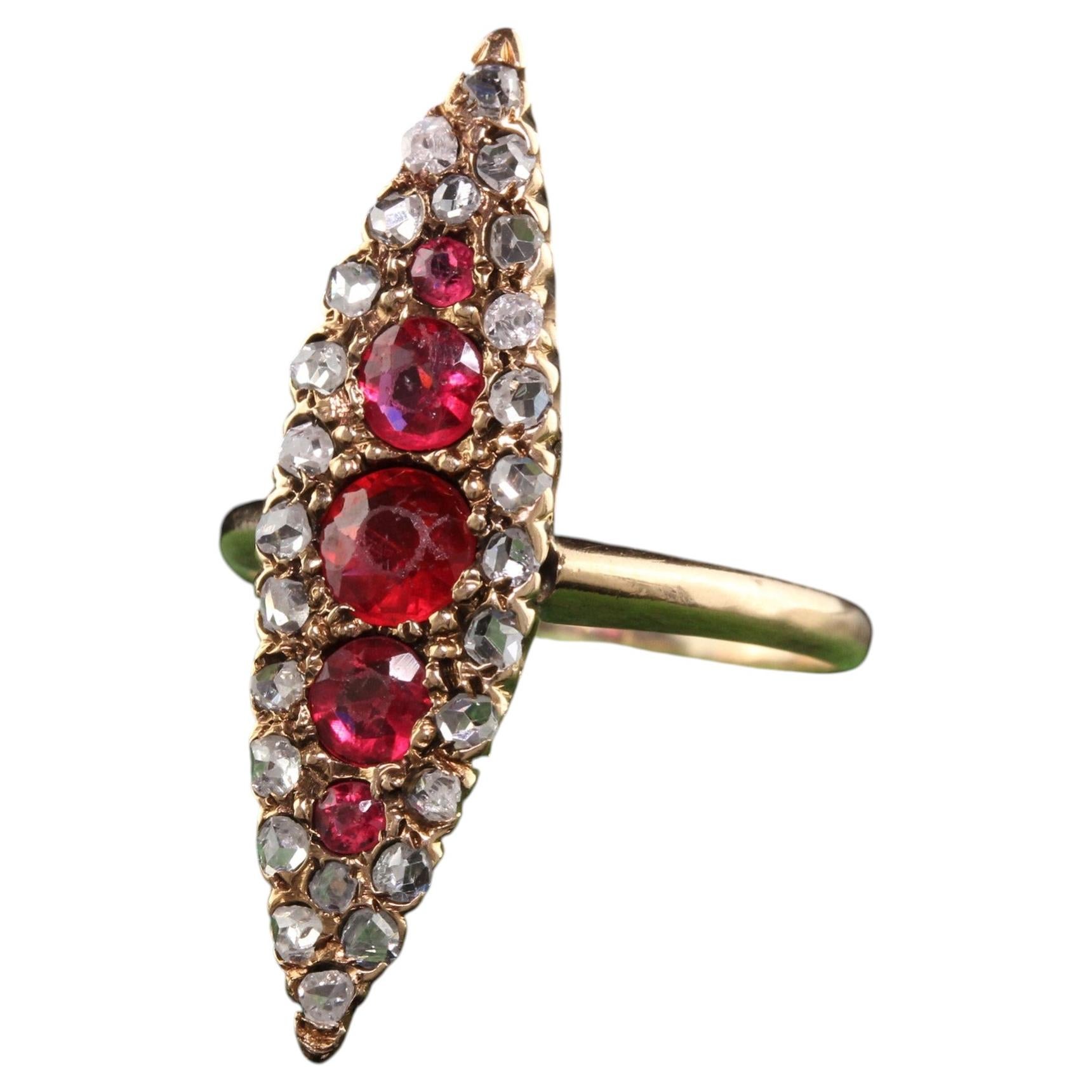 Ancienne bague victorienne en or jaune 14K avec grenat et diamant taillé en rose Navette