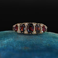 Antique Victorian 14K Yellow Gold Garnet and Seed Pearl Five Stone Ring