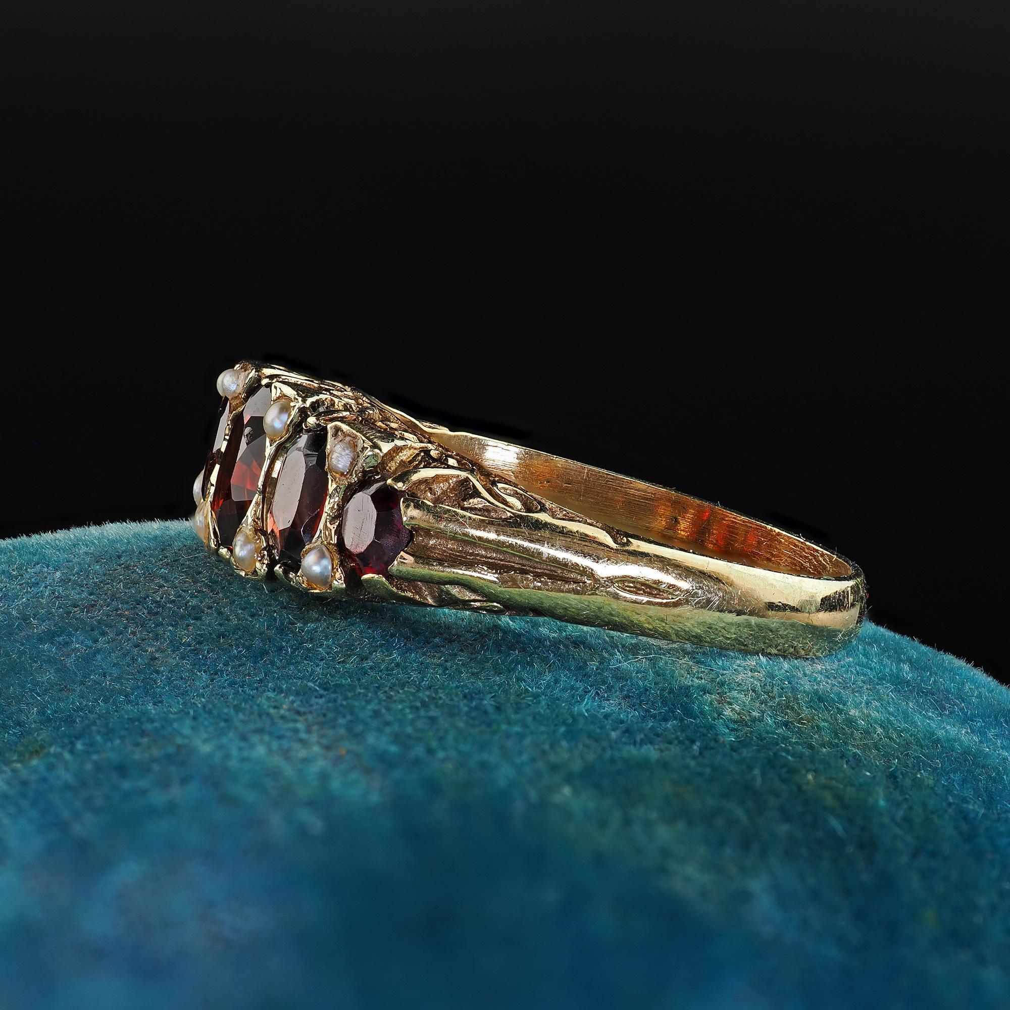 Women's Antique Victorian 14K Yellow Gold Garnet and Seed Pearl Five Stone Ring For Sale