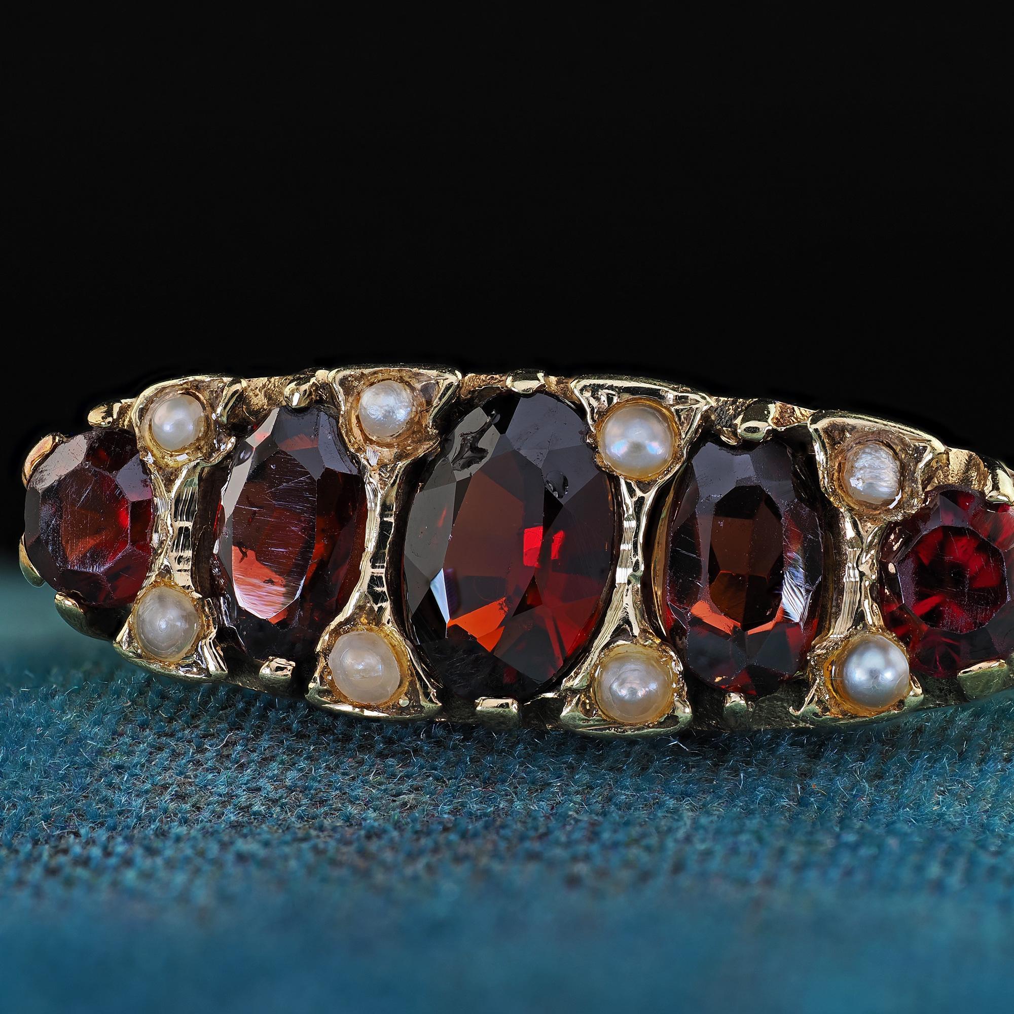 Antique Victorian 14K Yellow Gold Garnet and Seed Pearl Five Stone Ring For Sale 1