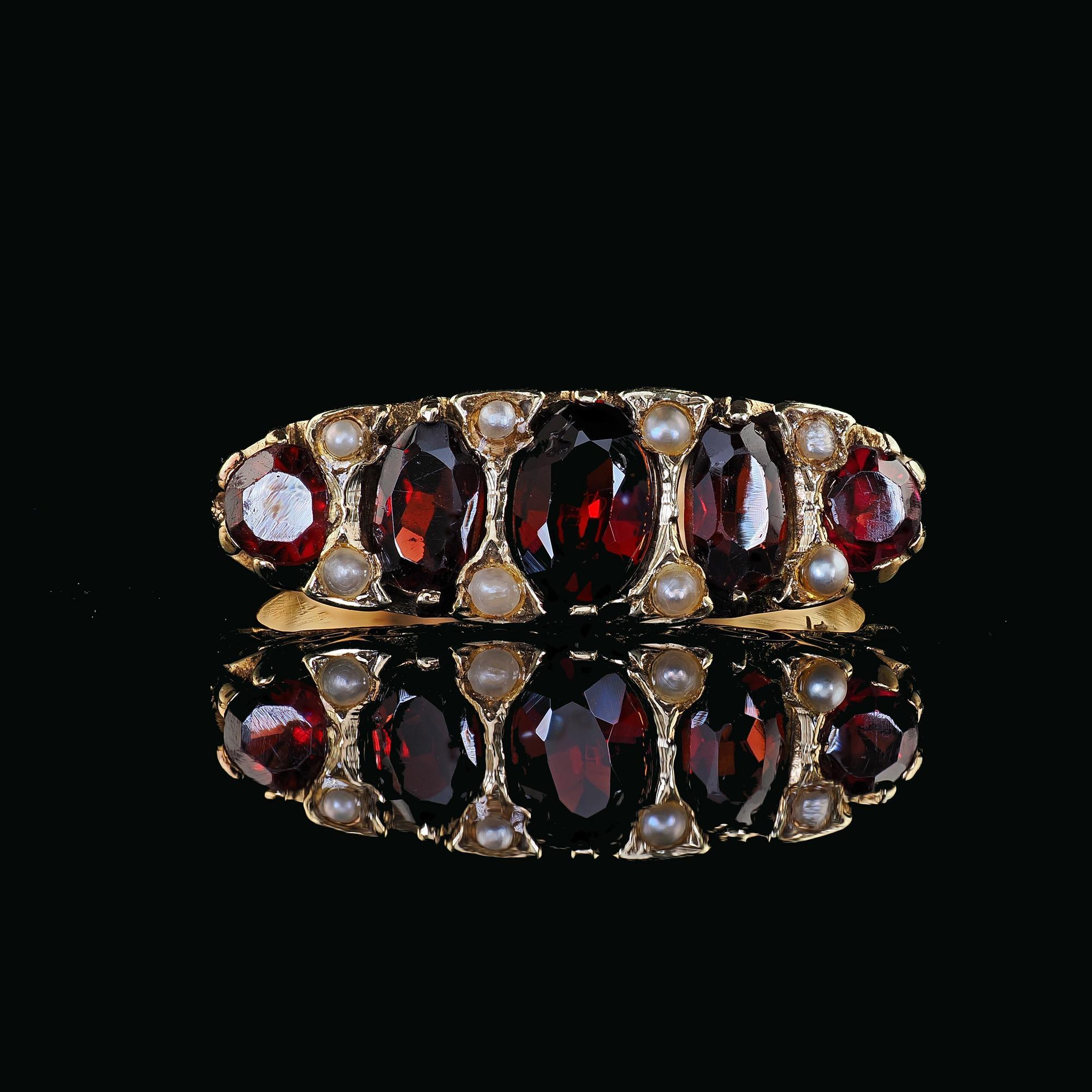 Antique Victorian 14K Yellow Gold Garnet and Seed Pearl Five Stone Ring For Sale 2