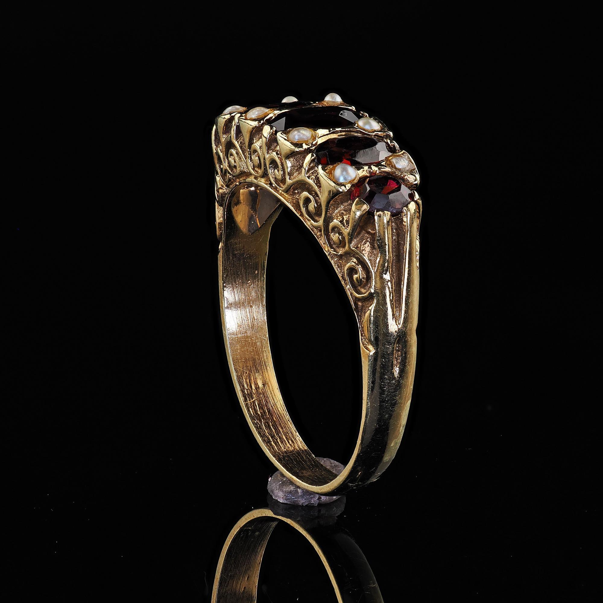Antique Victorian 14K Yellow Gold Garnet and Seed Pearl Five Stone Ring For Sale 4