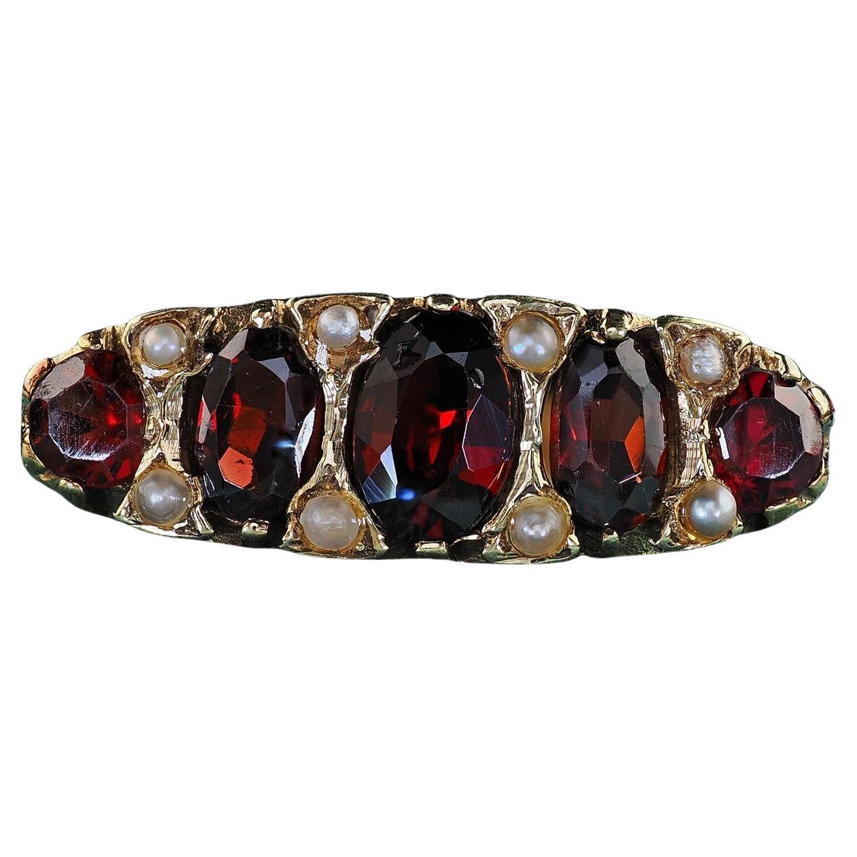 Antique Victorian 14K Yellow Gold Garnet and Seed Pearl Five Stone Ring