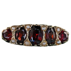 Antique Victorian 14K Yellow Gold Garnet and Seed Pearl Five Stone Ring