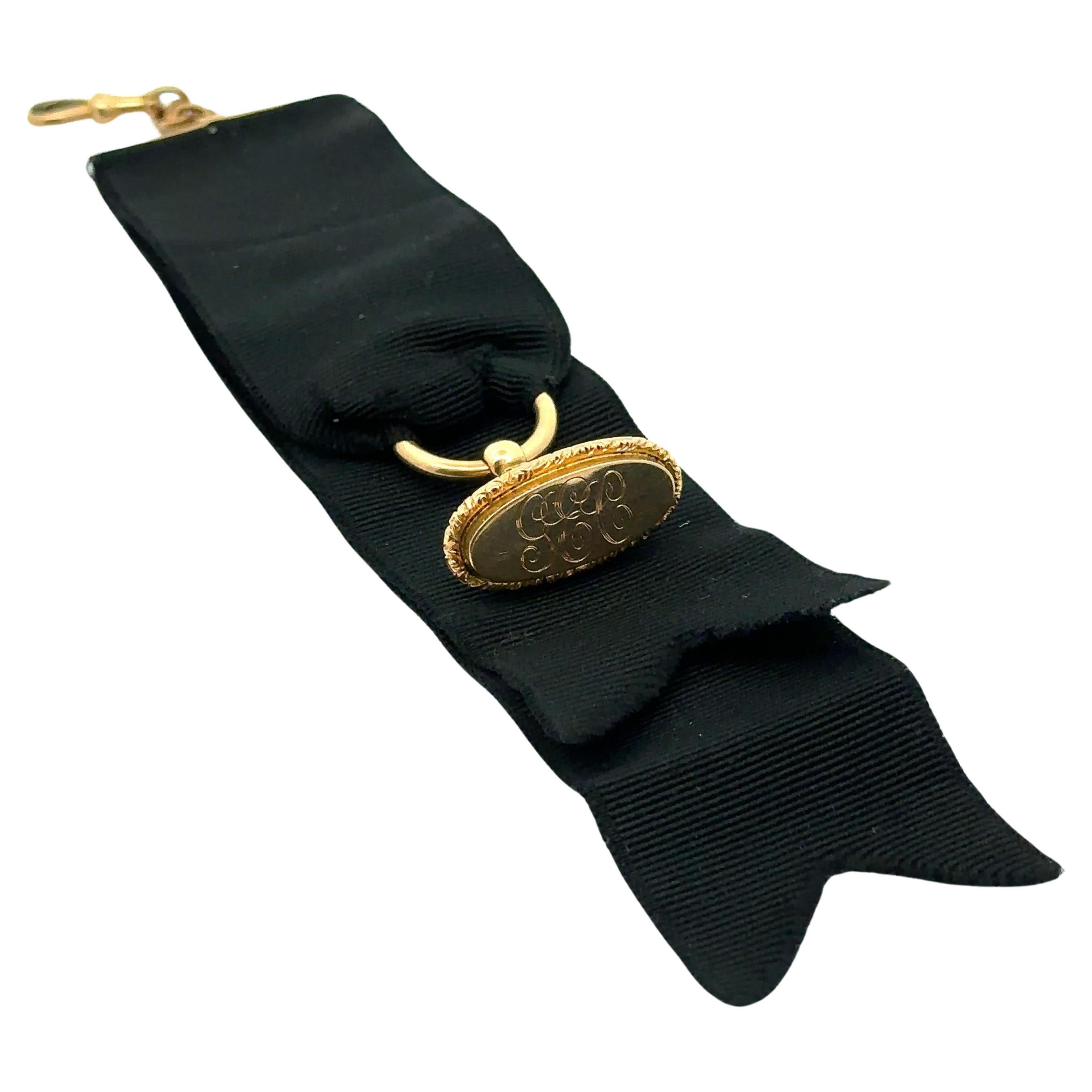 Antique Victorian 14k Yellow Gold "GEC" Monogramed Fob Vest Clip on Black Ribbon For Sale