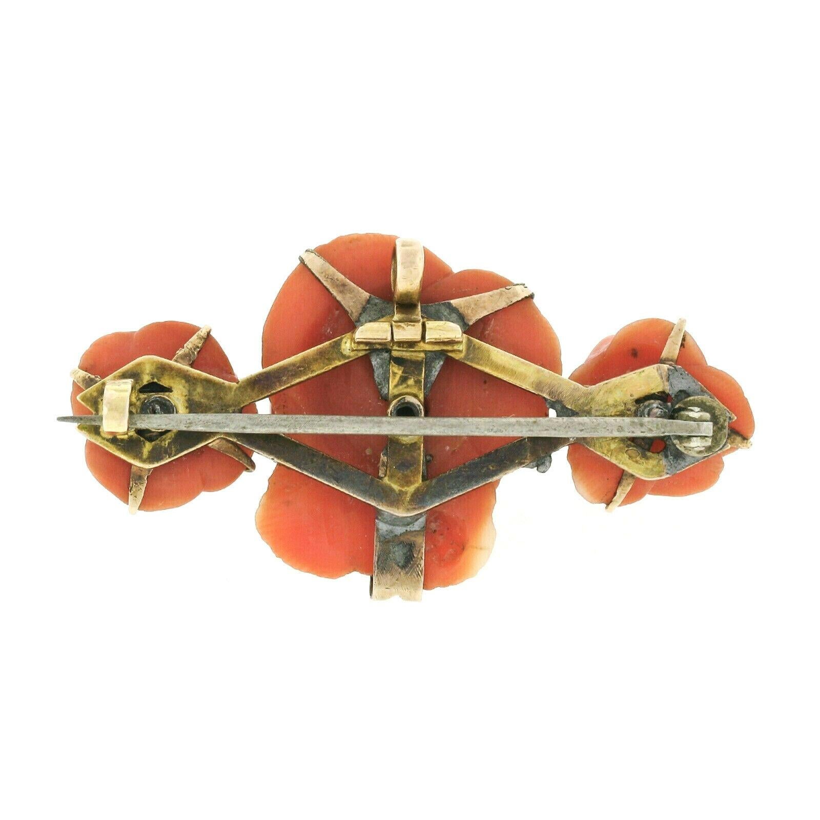 Rose Cut Antique Victorian 14k Yellow Gold GIA Rose Carved Natural Coral Bar Pin Pendant For Sale