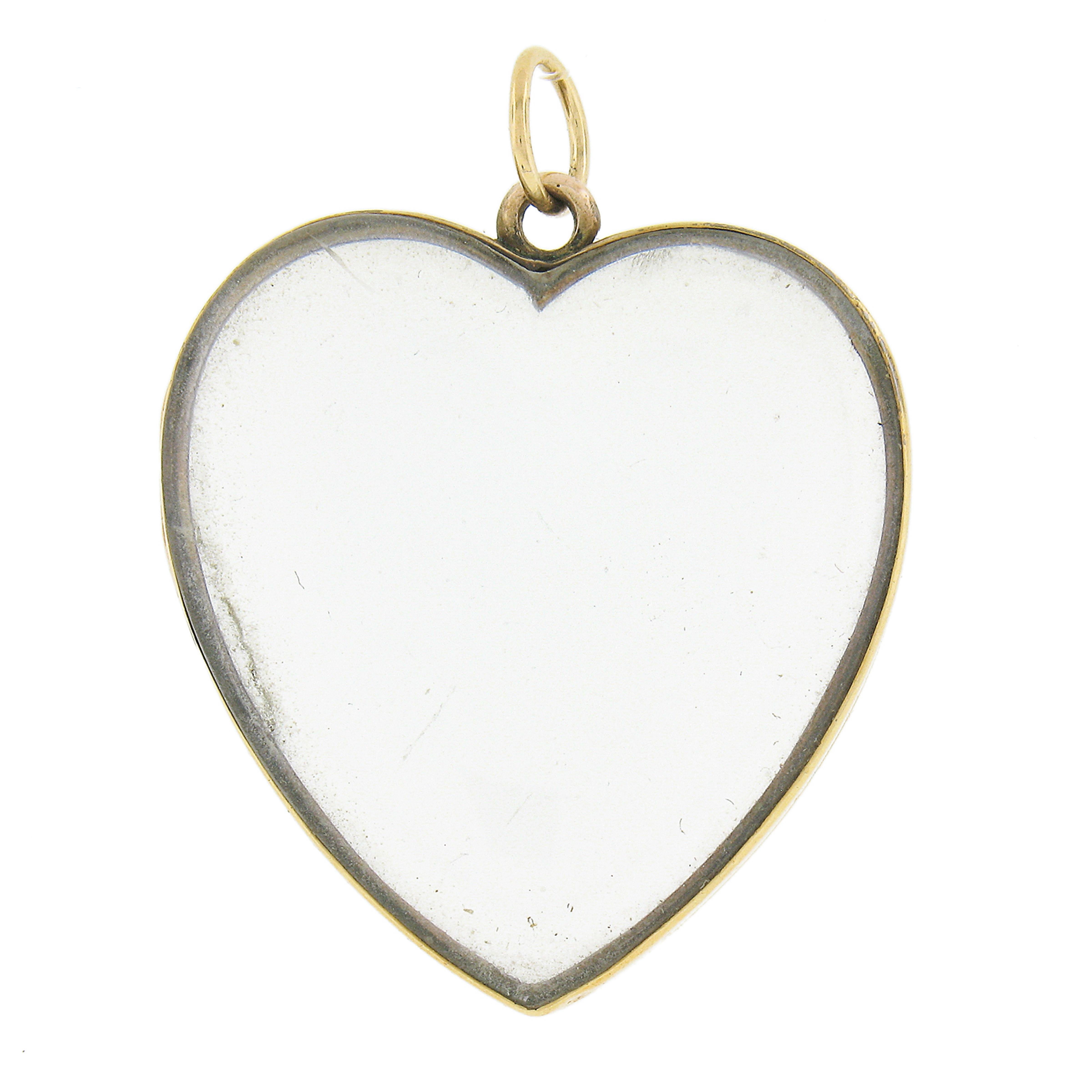 Antique Victorian 14k Yellow Gold Glass Picture Heart Large Locket Pendant In Excellent Condition For Sale In Montclair, NJ