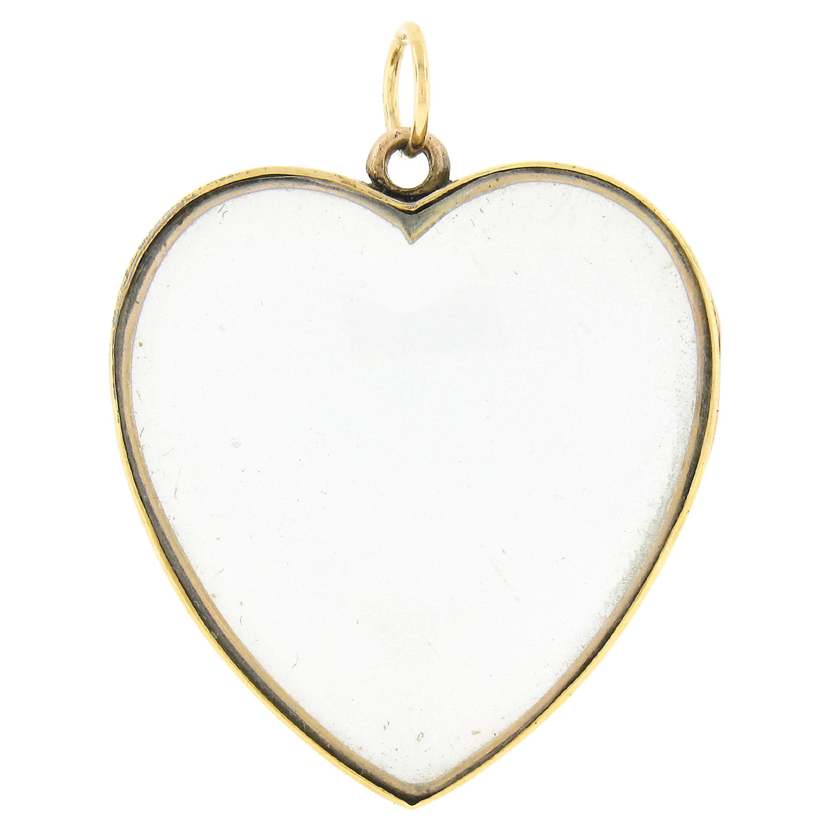 Antique Victorian 14k Yellow Gold Glass Picture Heart Large Locket Pendant For Sale