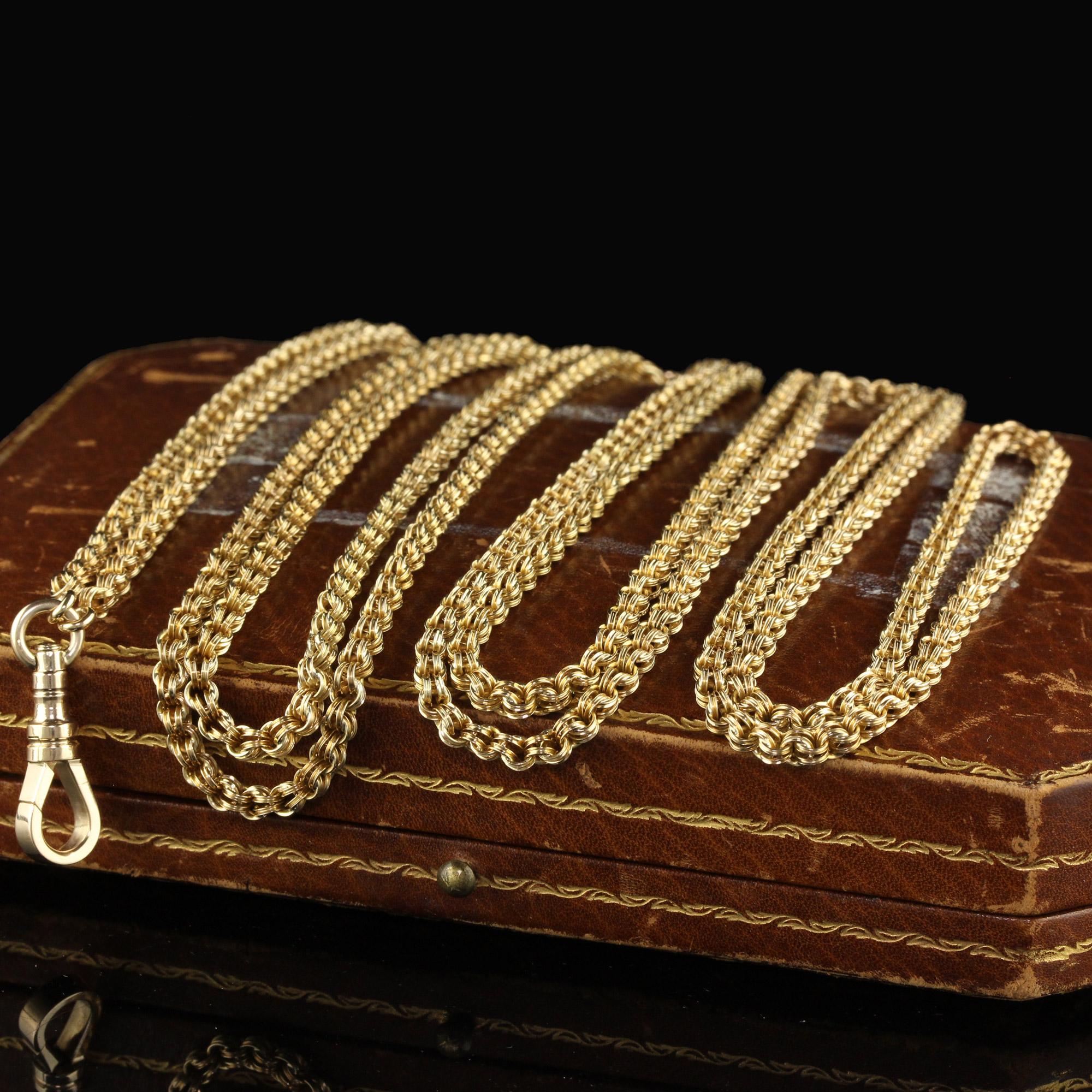 Beautiful Antique Victorian 14K Yellow Gold Intricate Link Chain Necklace - 32 Inches. This gorgeous necklace is crafted in 14k yellow gold. The chain has a beautiful chain link design that looks like it is being weaved together like fabric. The