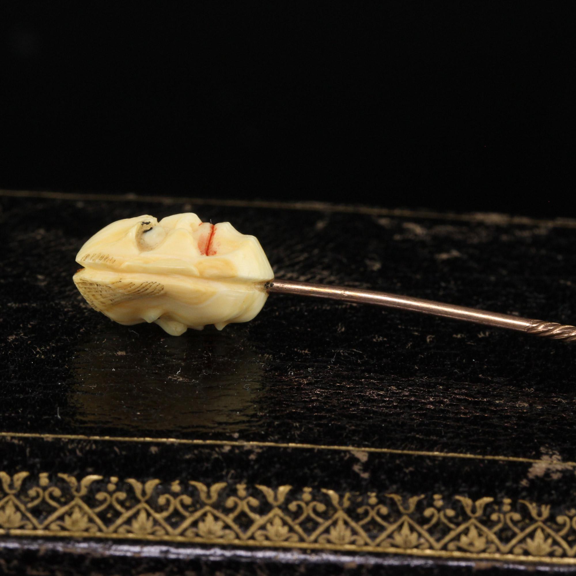 Antique Victorian 14K Yellow Gold Japanese Carved Hyottoko Stickpin In Good Condition For Sale In Great Neck, NY