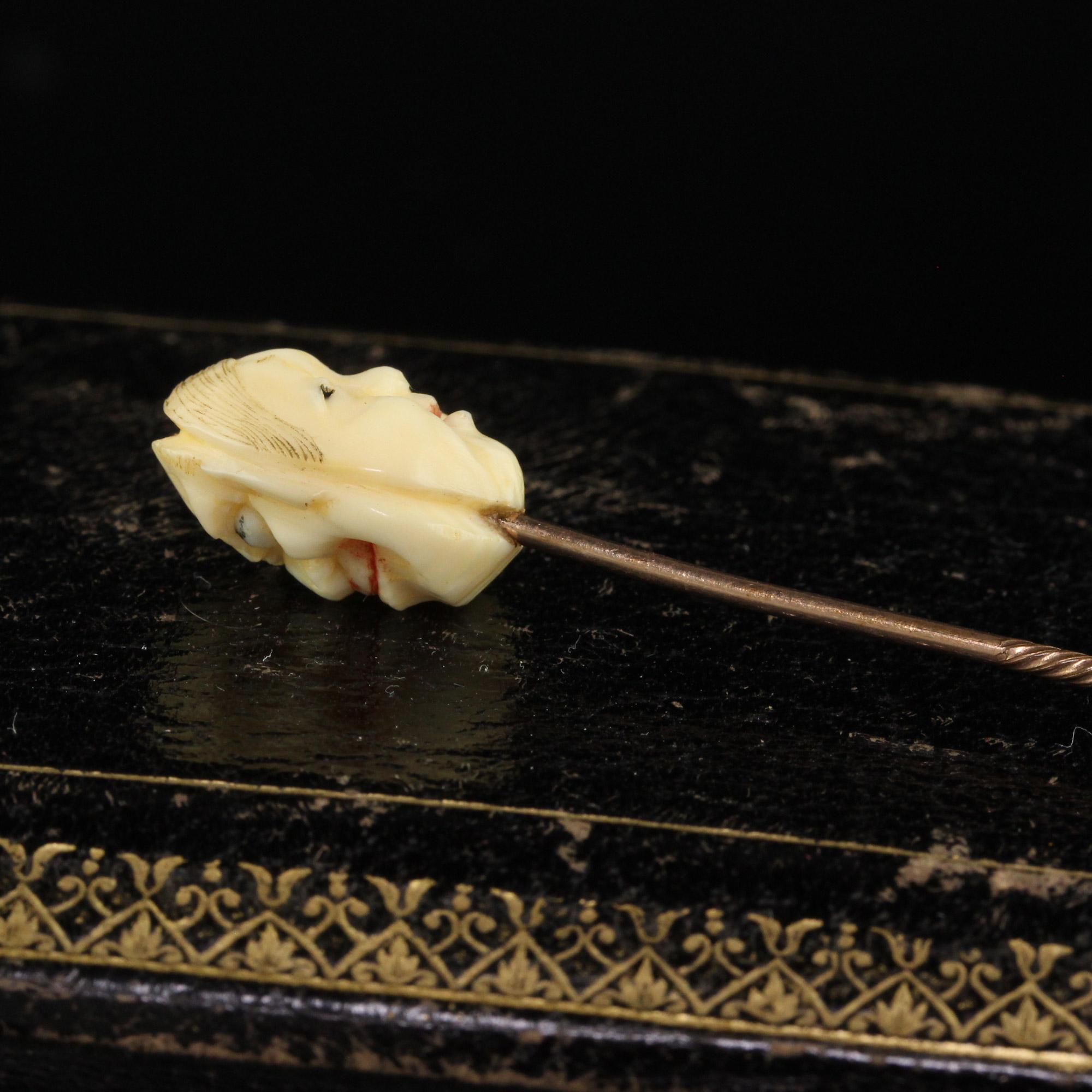 Women's Antique Victorian 14K Yellow Gold Japanese Carved Hyottoko Stickpin For Sale