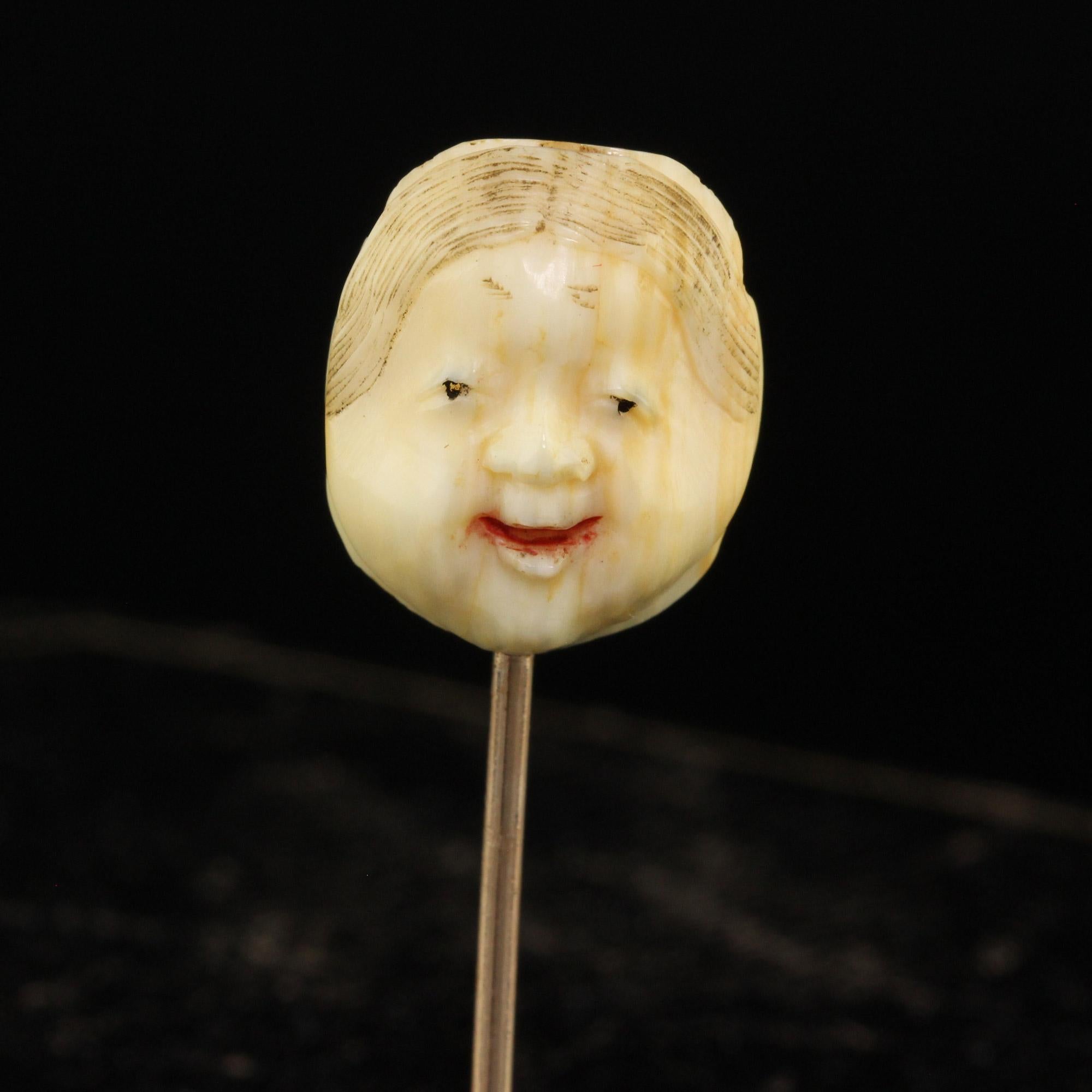Antique Victorian 14K Yellow Gold Japanese Carved Hyottoko Stickpin For Sale 2