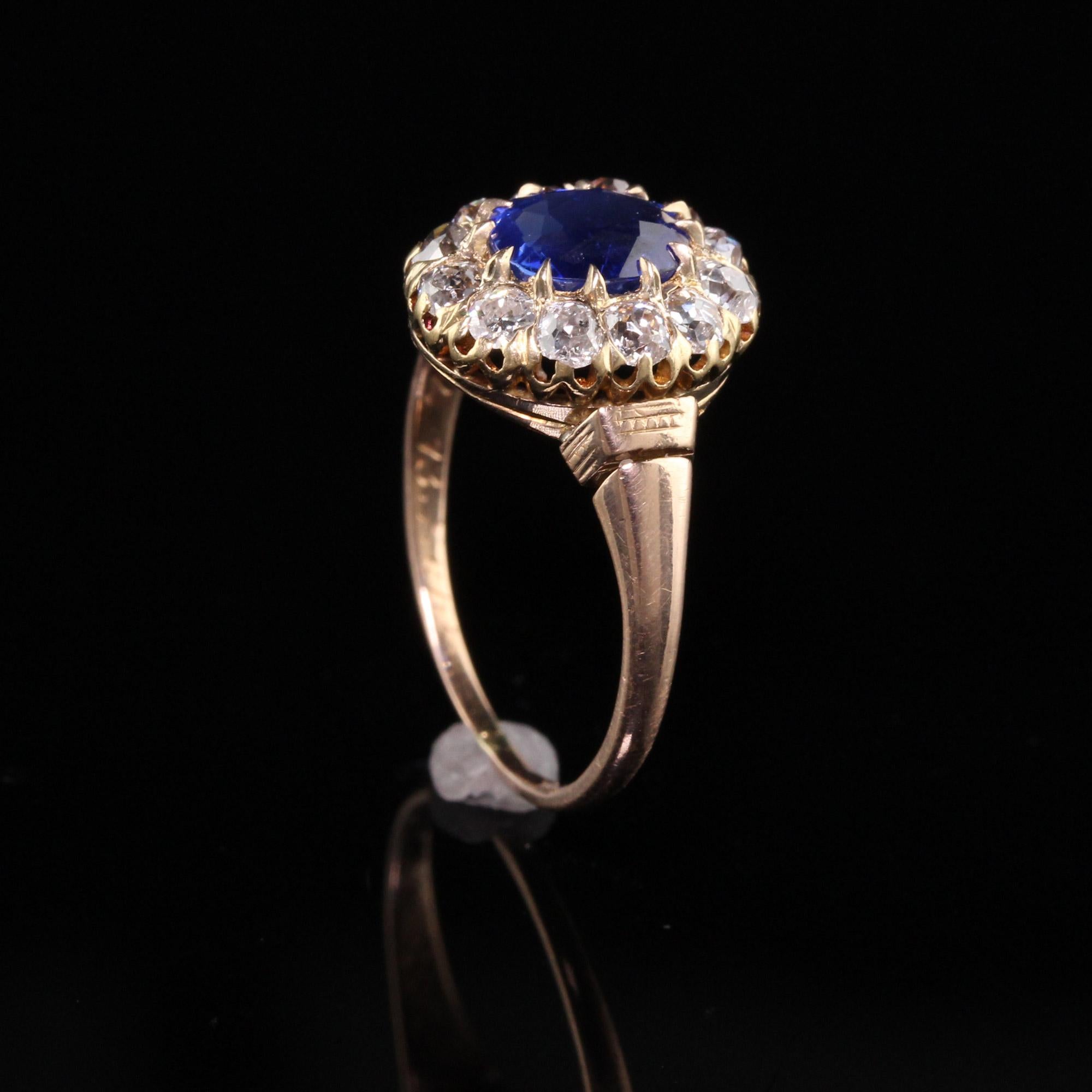 Old Mine Cut Antique Victorian 14K Yellow Gold Kashmir Sapphire Diamond Engagement Ring, GIA