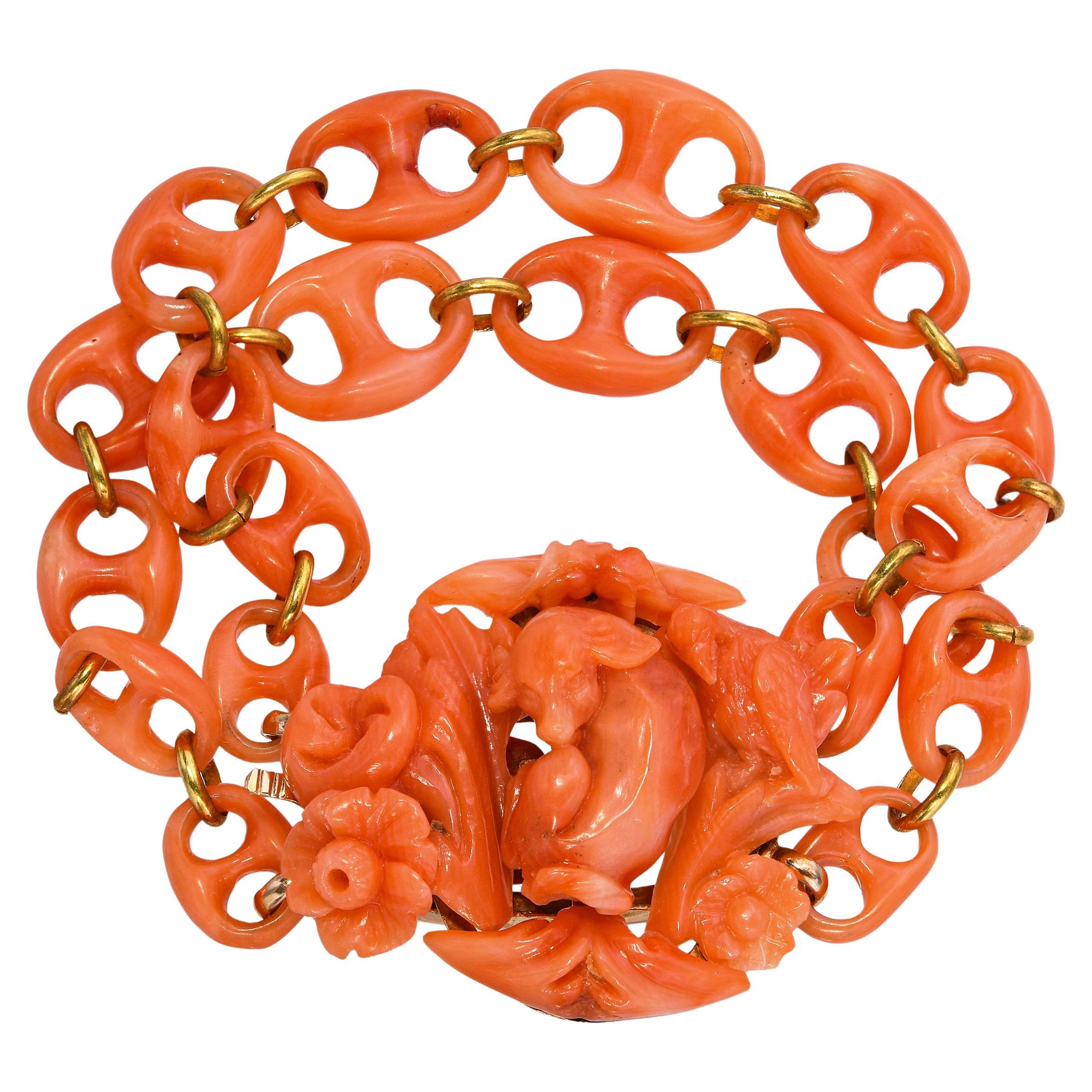 Antique Victorien 14k Yellow Gold Lamb in Flowers Carved Coral Link Bracelet