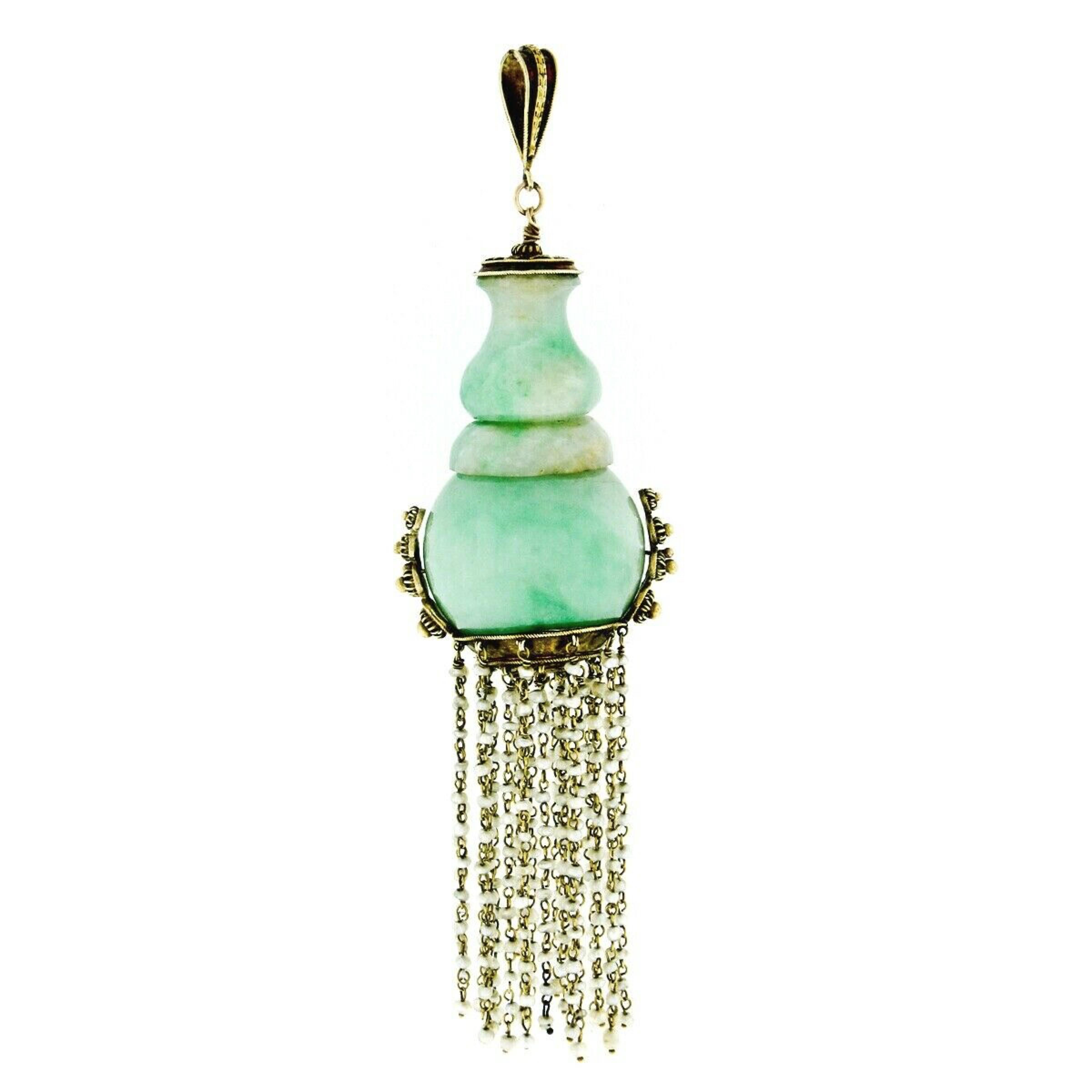 Bead Antique Victorian 14k Yellow Gold Large GIA Natural Jadeite Jade Dangle Pendant For Sale