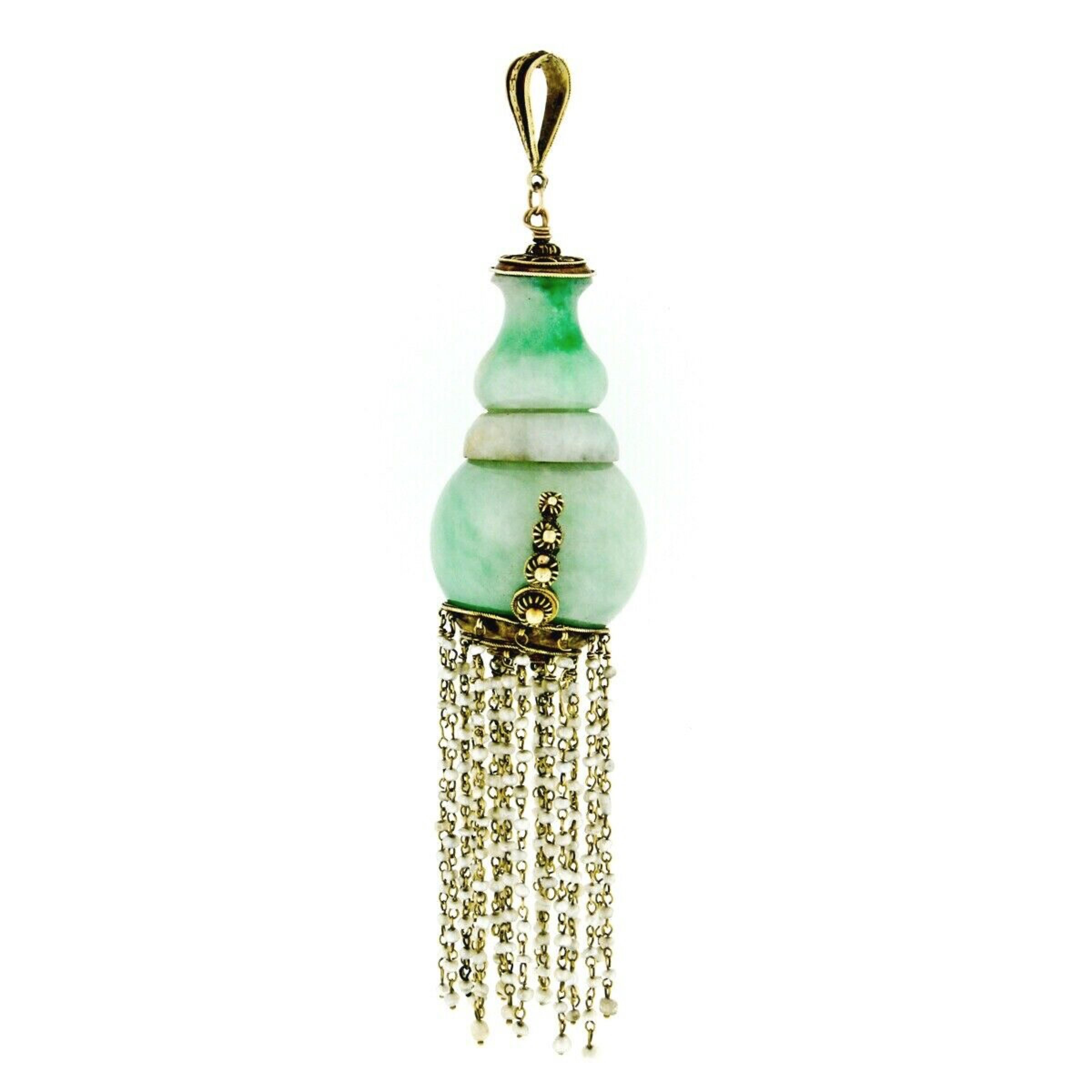 Antique Victorian 14k Yellow Gold Large GIA Natural Jadeite Jade Dangle Pendant In Fair Condition For Sale In Montclair, NJ