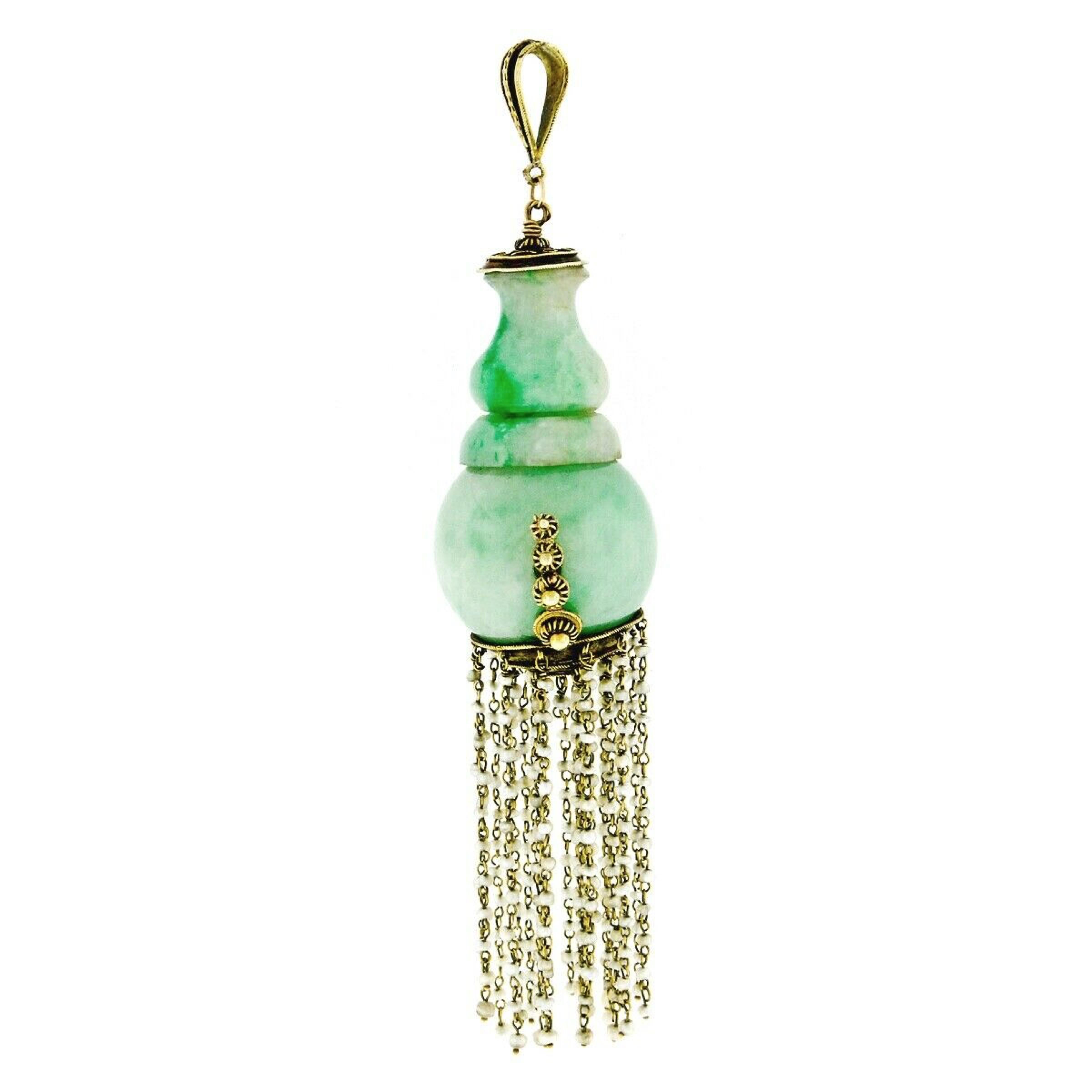 Women's or Men's Antique Victorian 14k Yellow Gold Large GIA Natural Jadeite Jade Dangle Pendant For Sale