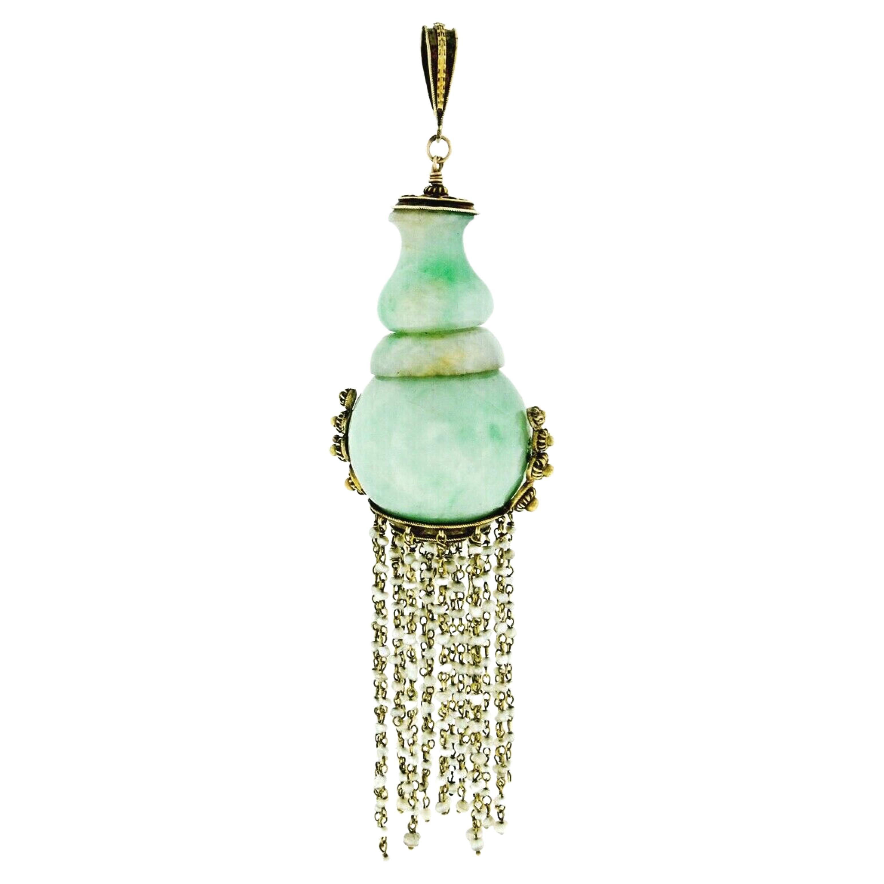 Antique Victorian 14k Yellow Gold Large GIA Natural Jadeite Jade Dangle Pendant For Sale