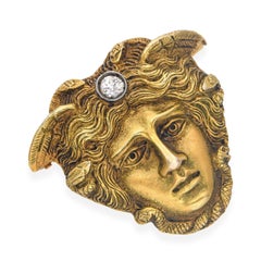 Antique Victorian 14k Yellow Gold Medusa Head Diamond Brooch