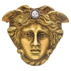 Antique Victorian 14k Yellow Gold Medusa Head Diamond Brooch