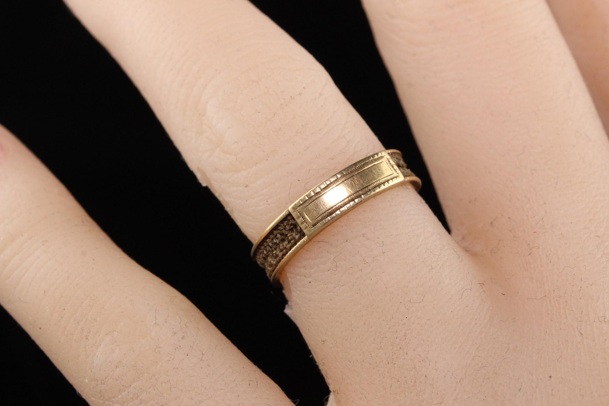 Women's or Men's Antique Victorian 14K Yellow Gold Mourning Hair Band Ring For Sale