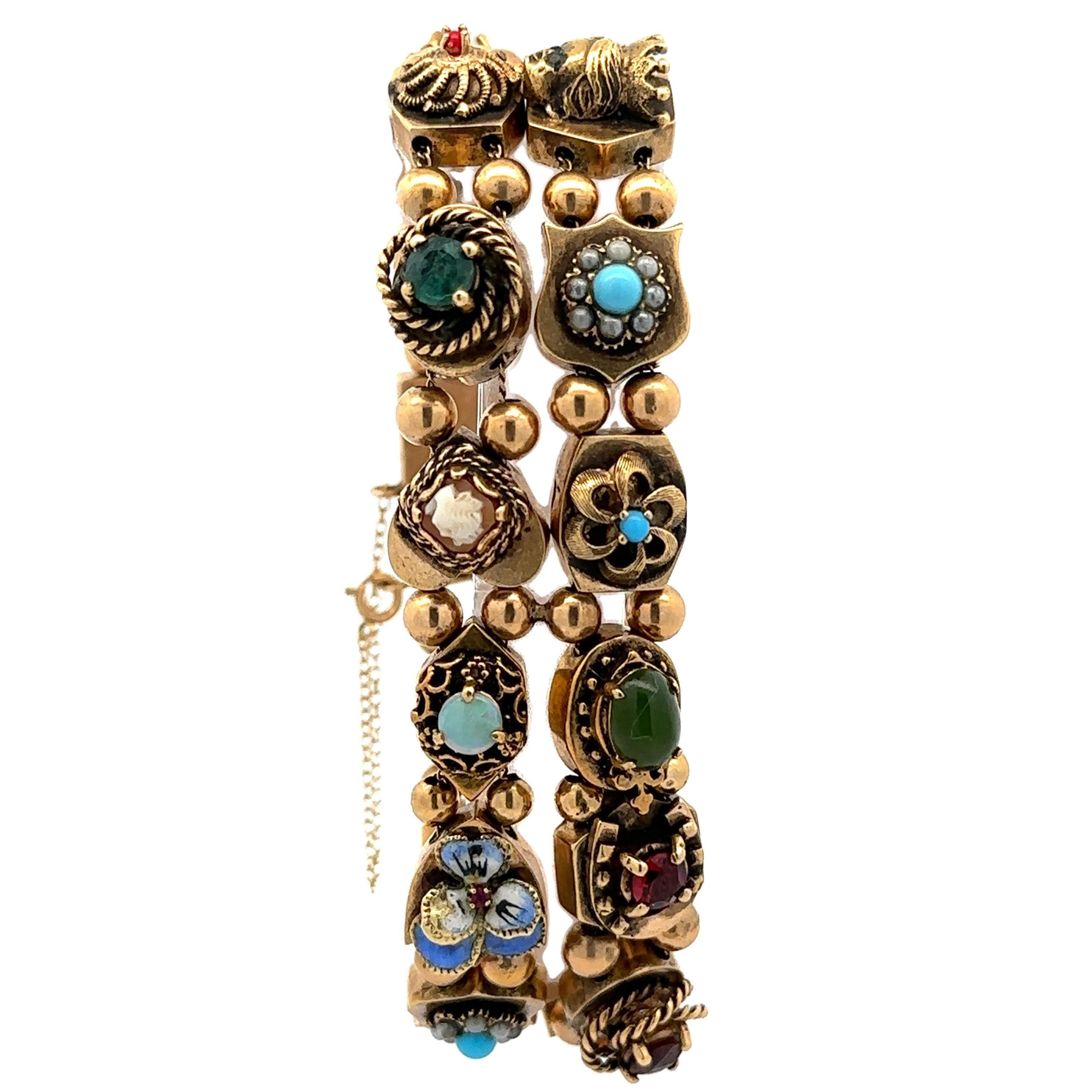 Taglio rotondo Bracciale vittoriano antico in oro giallo 14k con più pietre e 2 file di charme a scorrimento in vendita