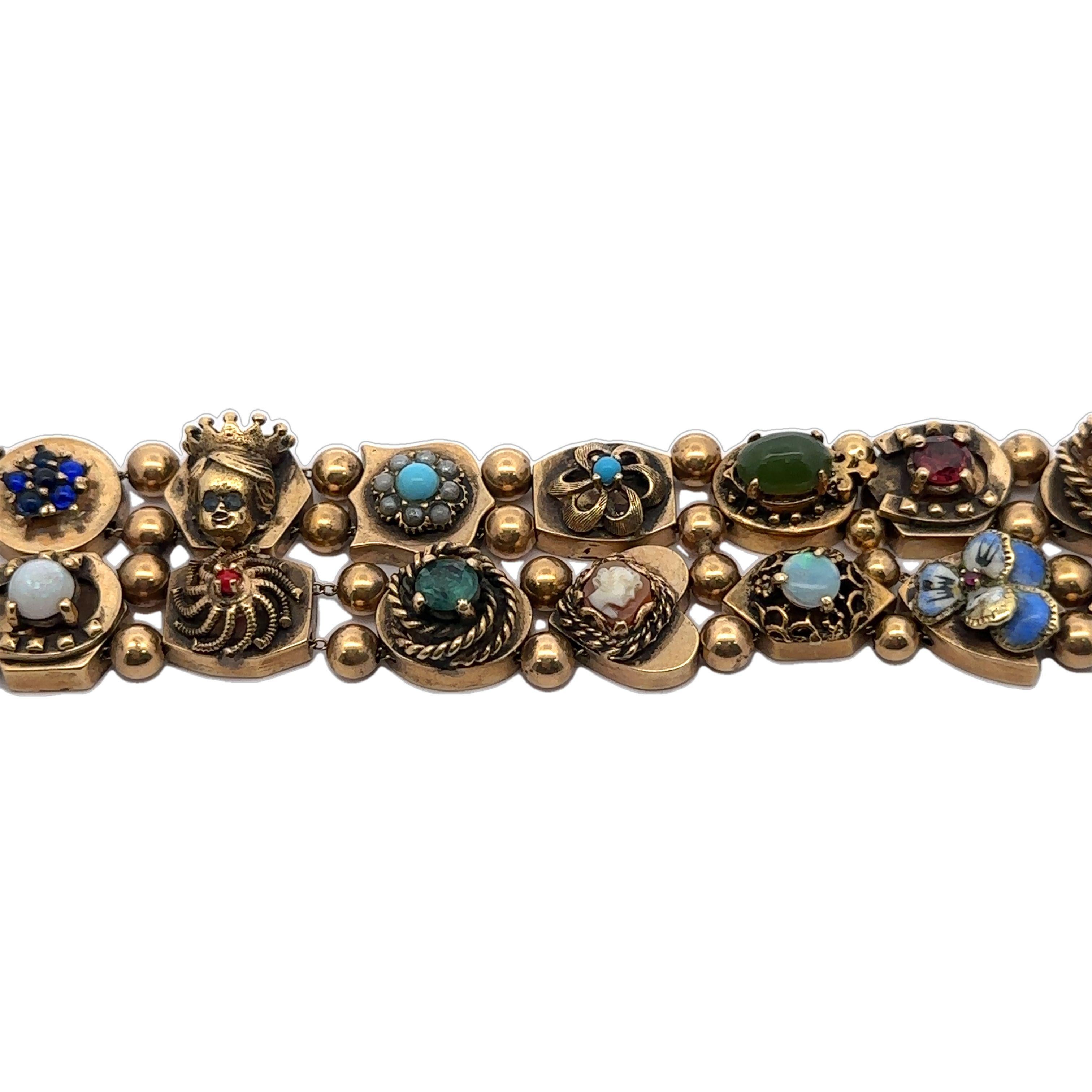 Bracciale vittoriano antico in oro giallo 14k con più pietre e 2 file di charme a scorrimento in vendita 1