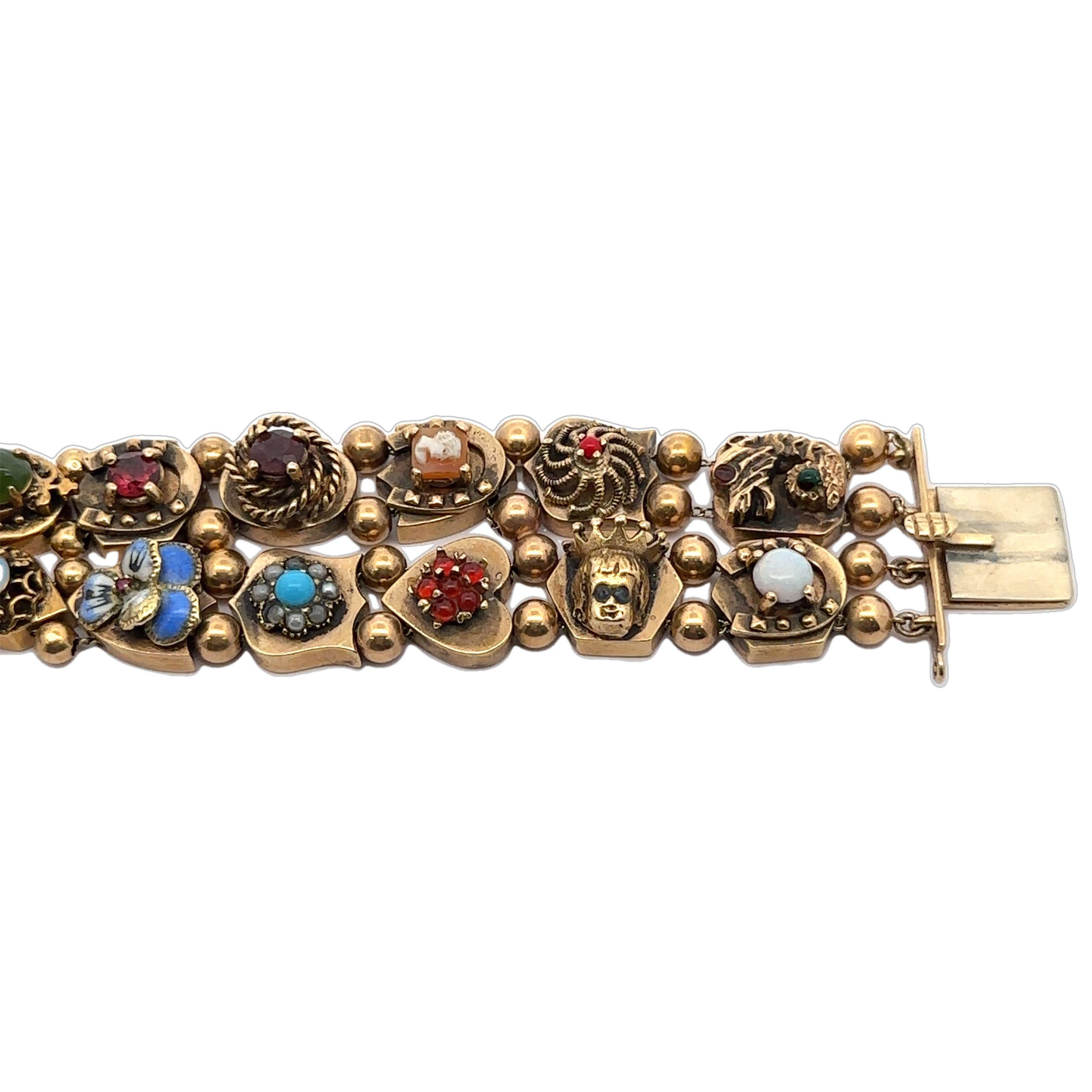 Bracciale vittoriano antico in oro giallo 14k con più pietre e 2 file di charme a scorrimento in vendita 2