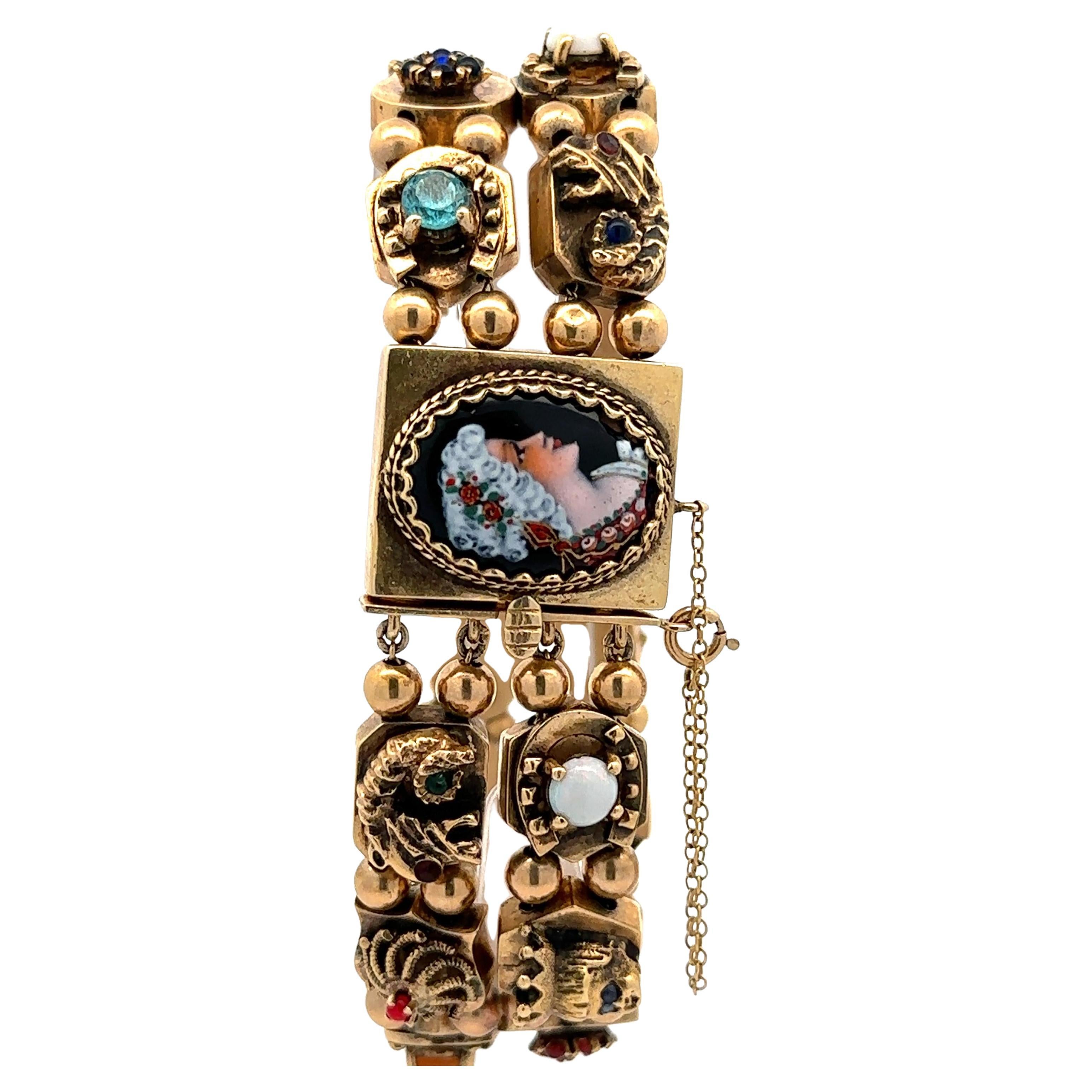 Antique Victorian 14k Yellow Gold Multi Gemstones 2 Row Slide Charms Bracelet