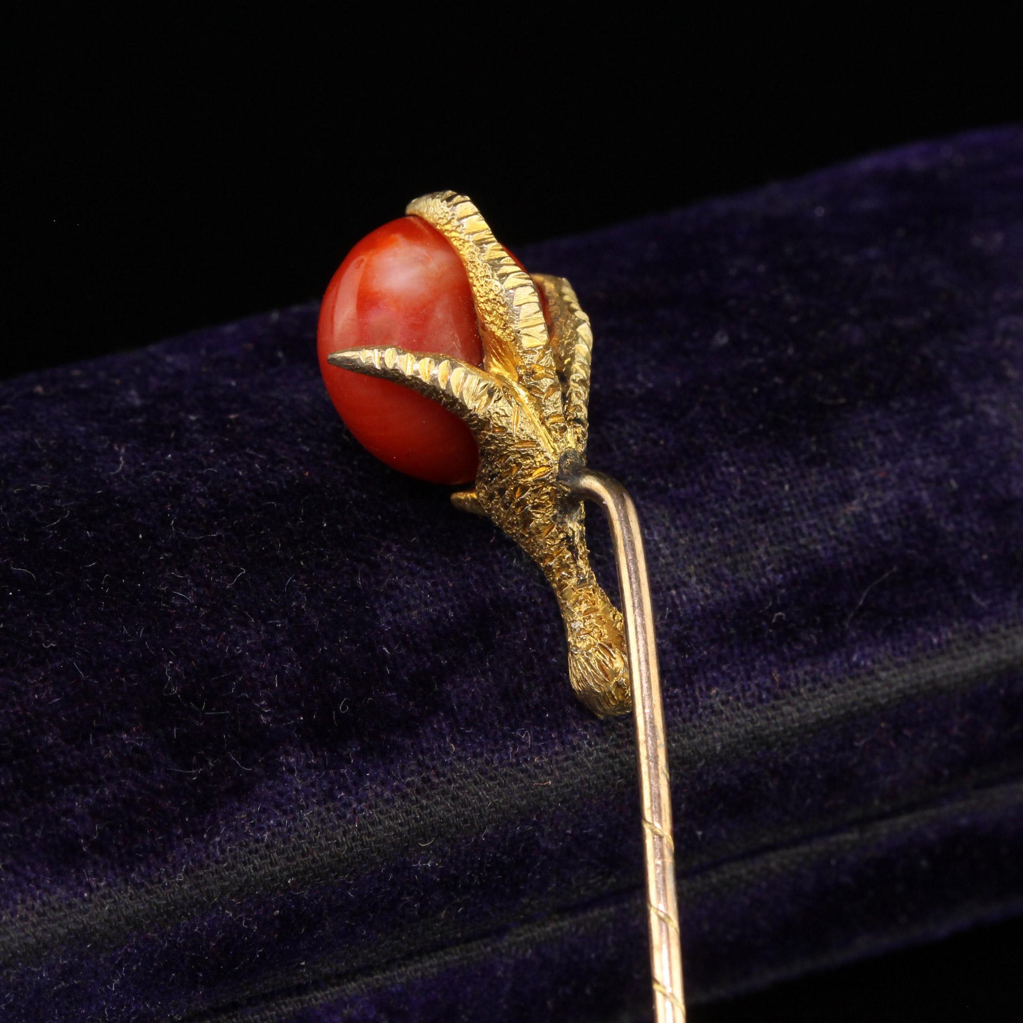 Cabochon Antique Victorian 14K Yellow Gold Natural Coral Claw Stick Pin For Sale