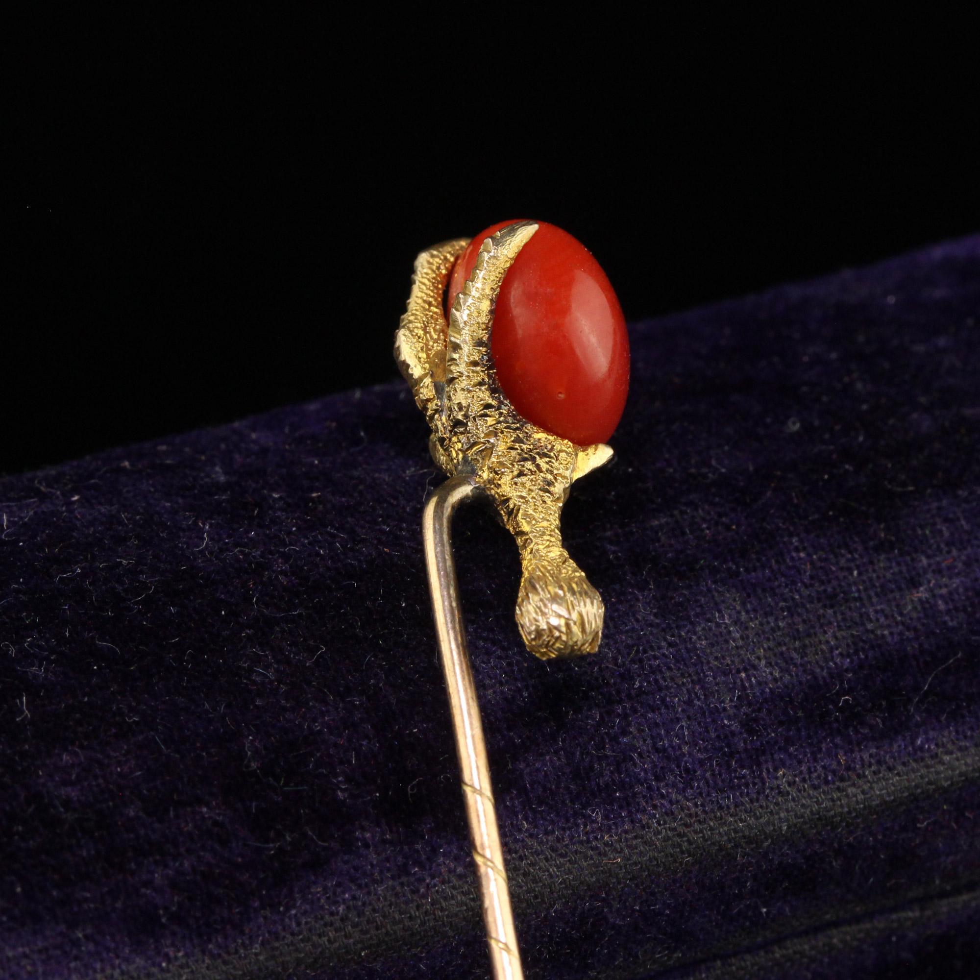 Women's or Men's Antique Victorian 14K Yellow Gold Natural Coral Claw Stick Pin For Sale