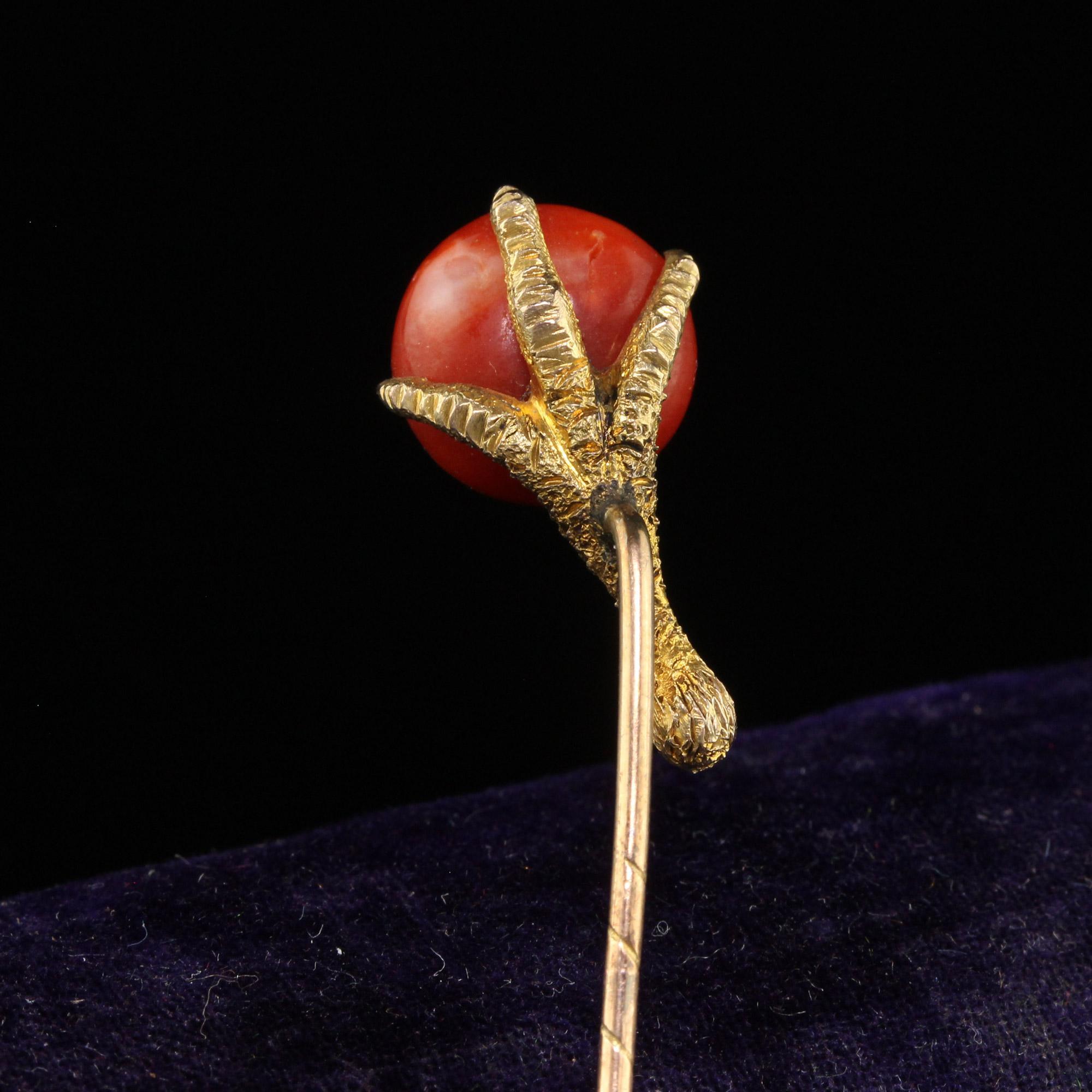 Antique Victorian 14K Yellow Gold Natural Coral Claw Stick Pin For Sale 1