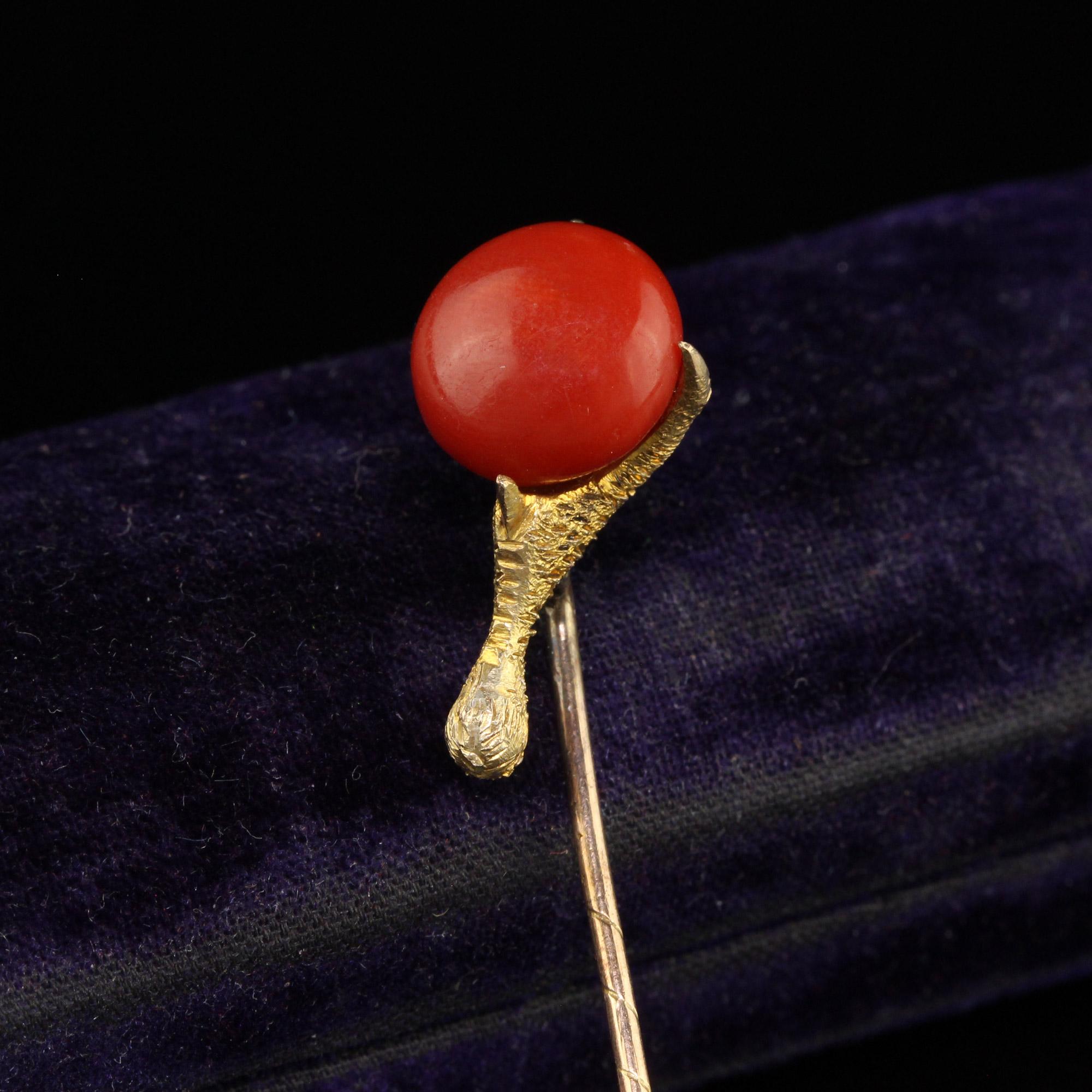 Antique Victorian 14K Yellow Gold Natural Coral Claw Stick Pin For Sale 2
