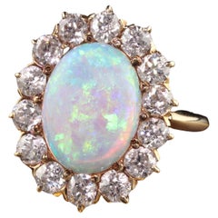 Antique Victorian 14k Yellow Gold Natural Opal Old Euro Diamond Engagement Ring