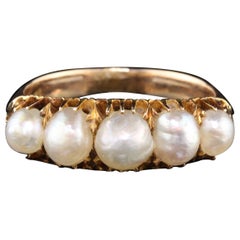 Antique Victorian 14 Karat Yellow Gold Natural Pearl 5-Stone Half Hoop Ring