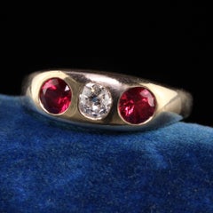 Antique Victorian 14k Yellow Gold Natural Ruby Old Mine Diamond Flush Set Ring