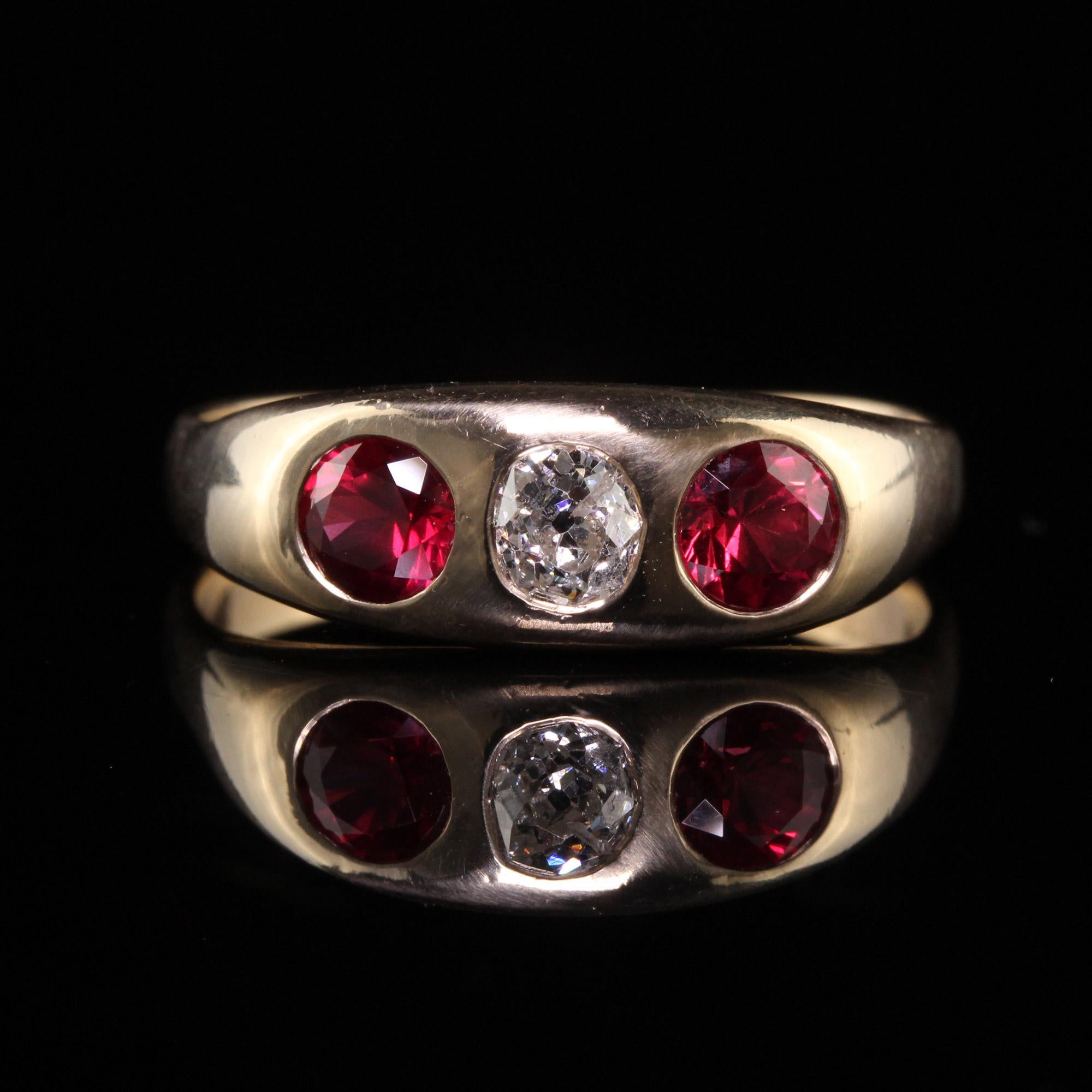 Old Mine Cut Antique Victorian 14k Yellow Gold Natural Ruby Old Mine Diamond Flush Set Ring For Sale
