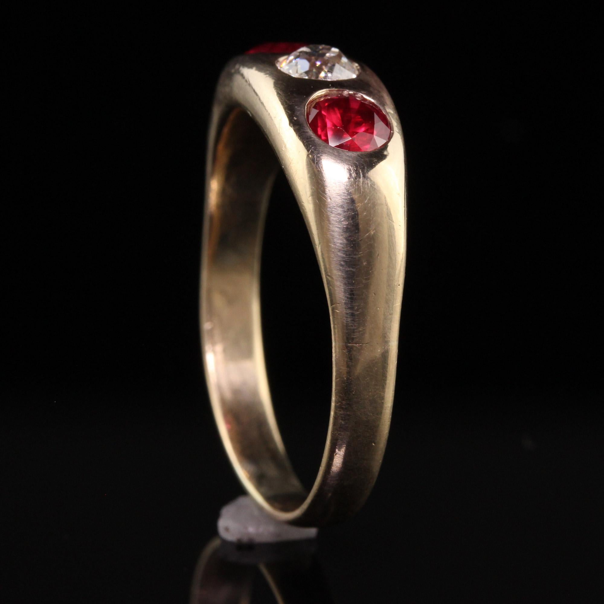Women's or Men's Antique Victorian 14k Yellow Gold Natural Ruby Old Mine Diamond Flush Set Ring For Sale