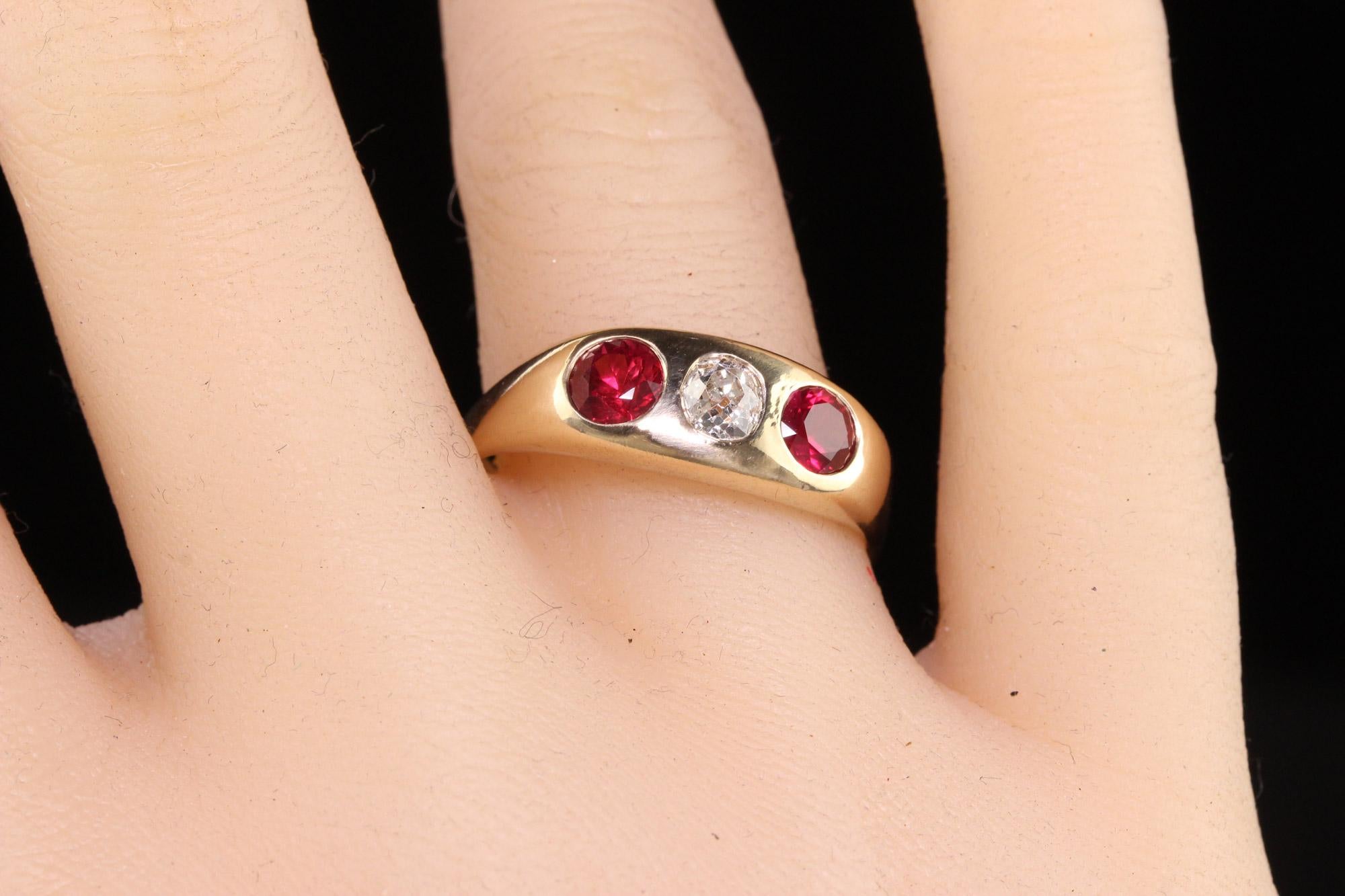 Antique Victorian 14k Yellow Gold Natural Ruby Old Mine Diamond Flush Set Ring For Sale 1