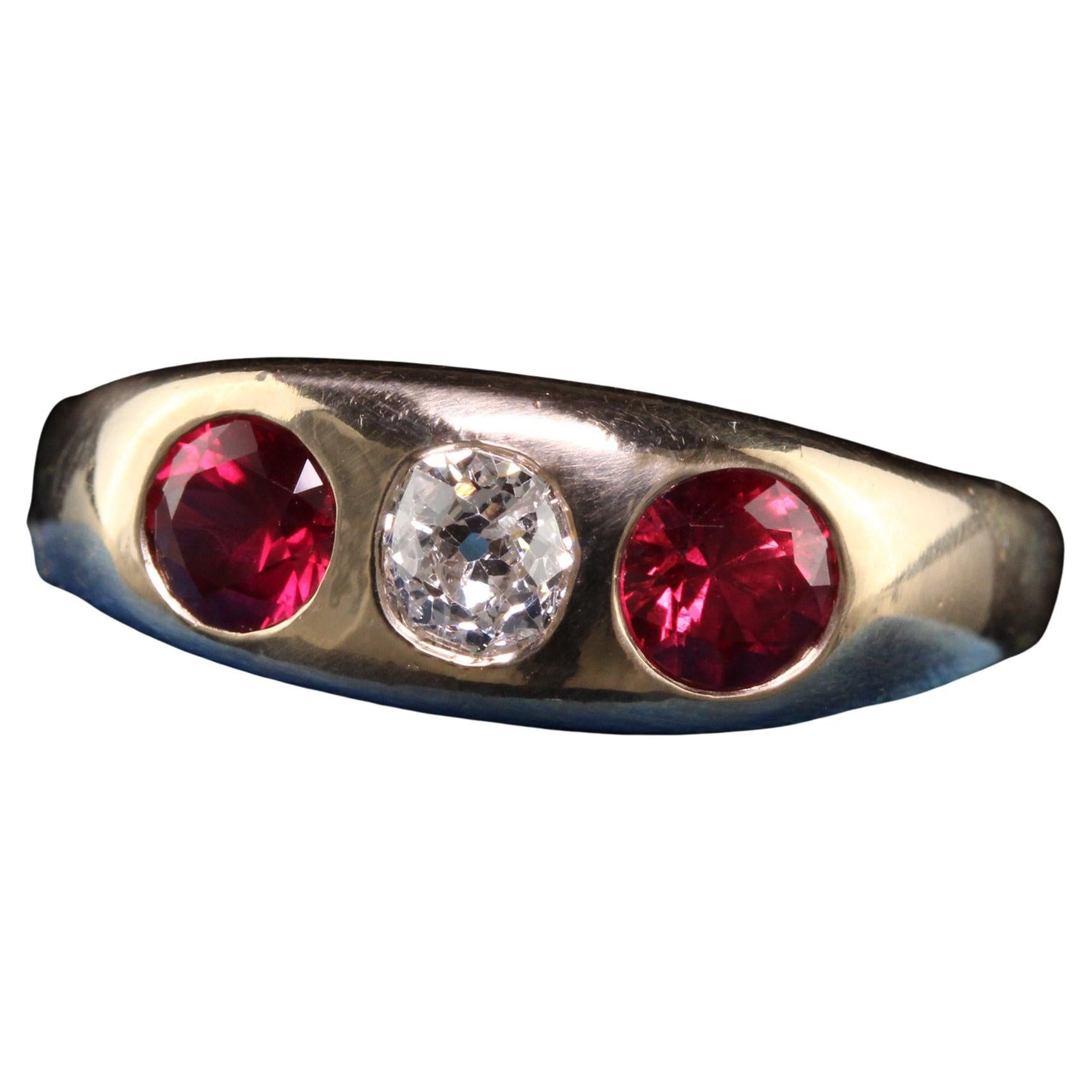 Antique Victorian 14k Yellow Gold Natural Ruby Old Mine Diamond Flush Set Ring For Sale