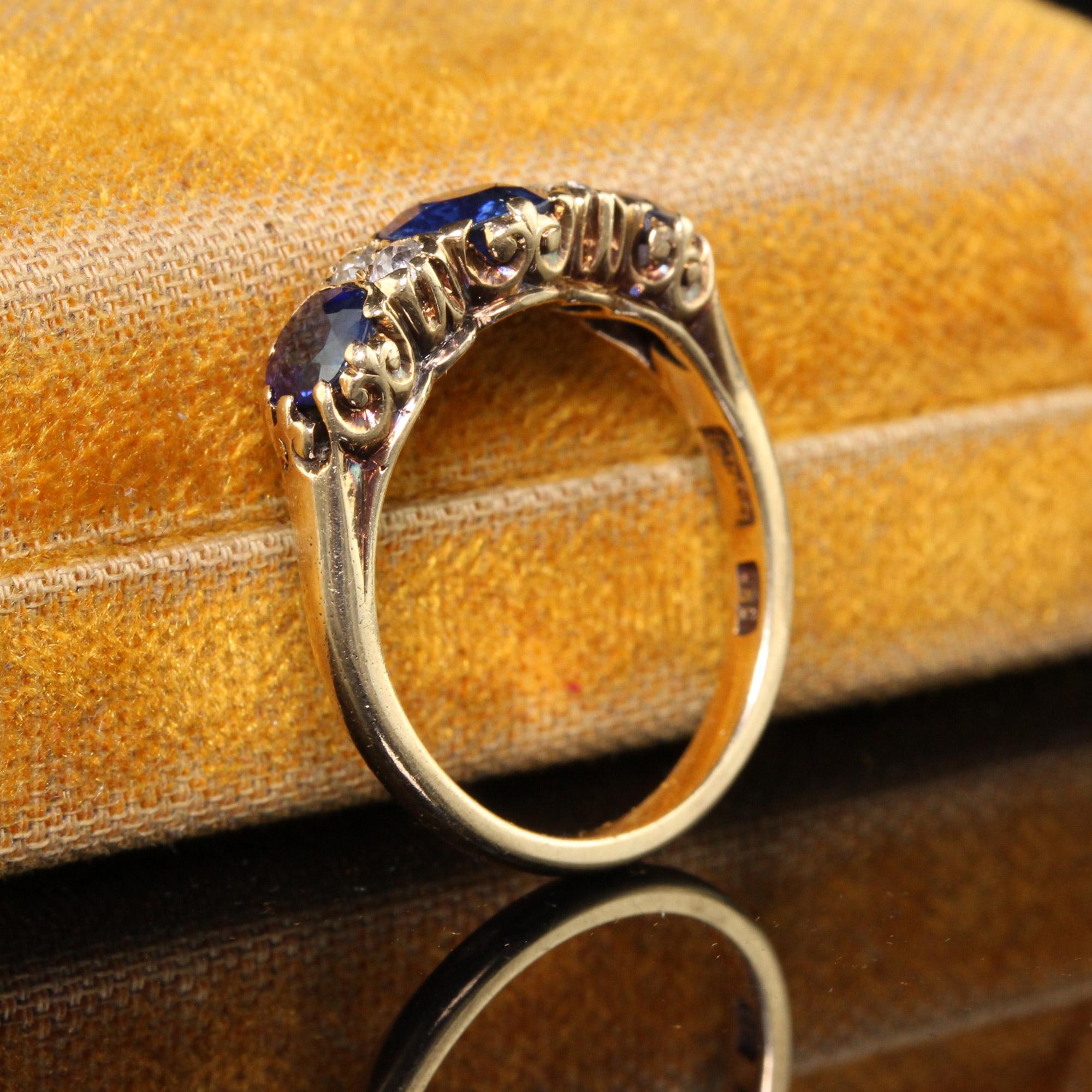 Old Mine Cut Antique Victorian 14K Yellow Gold Natural Sapphire and Diamond Three Stone Band  For Sale