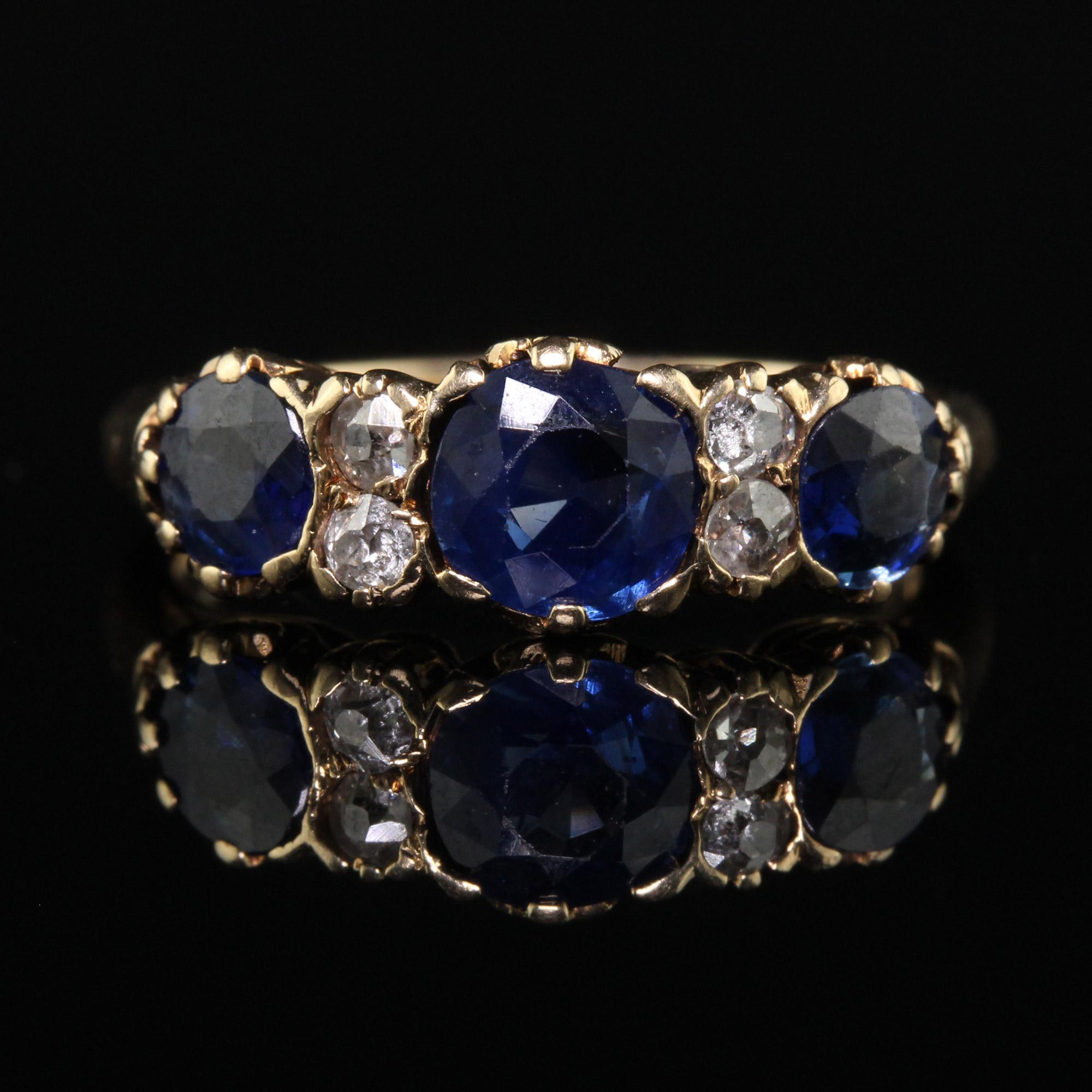 Women's Antique Victorian 14K Yellow Gold Natural Sapphire and Diamond Three Stone Band  For Sale